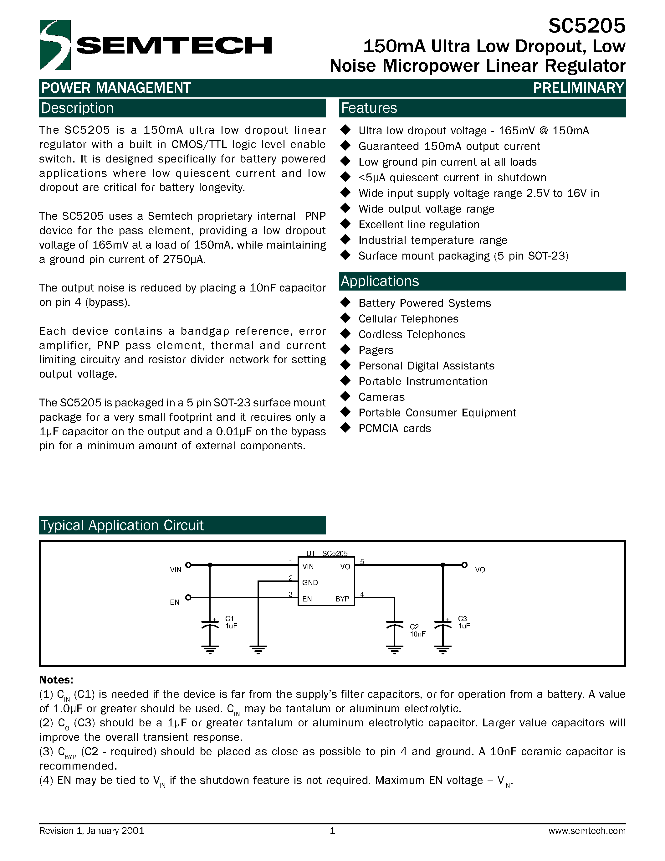 Datasheet SC5205-2.5CSKTR - 150mA Ultra Low Dropout/ Low Noise Micropower Linear Regulator page 1