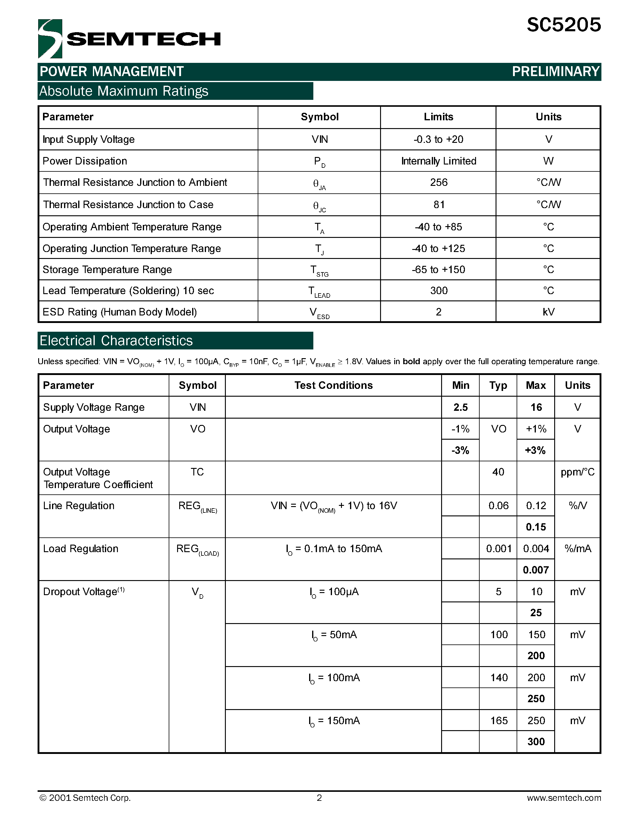 Datasheet SC5205-3.8CSKTR - 150mA Ultra Low Dropout/ Low Noise Micropower Linear Regulator page 2