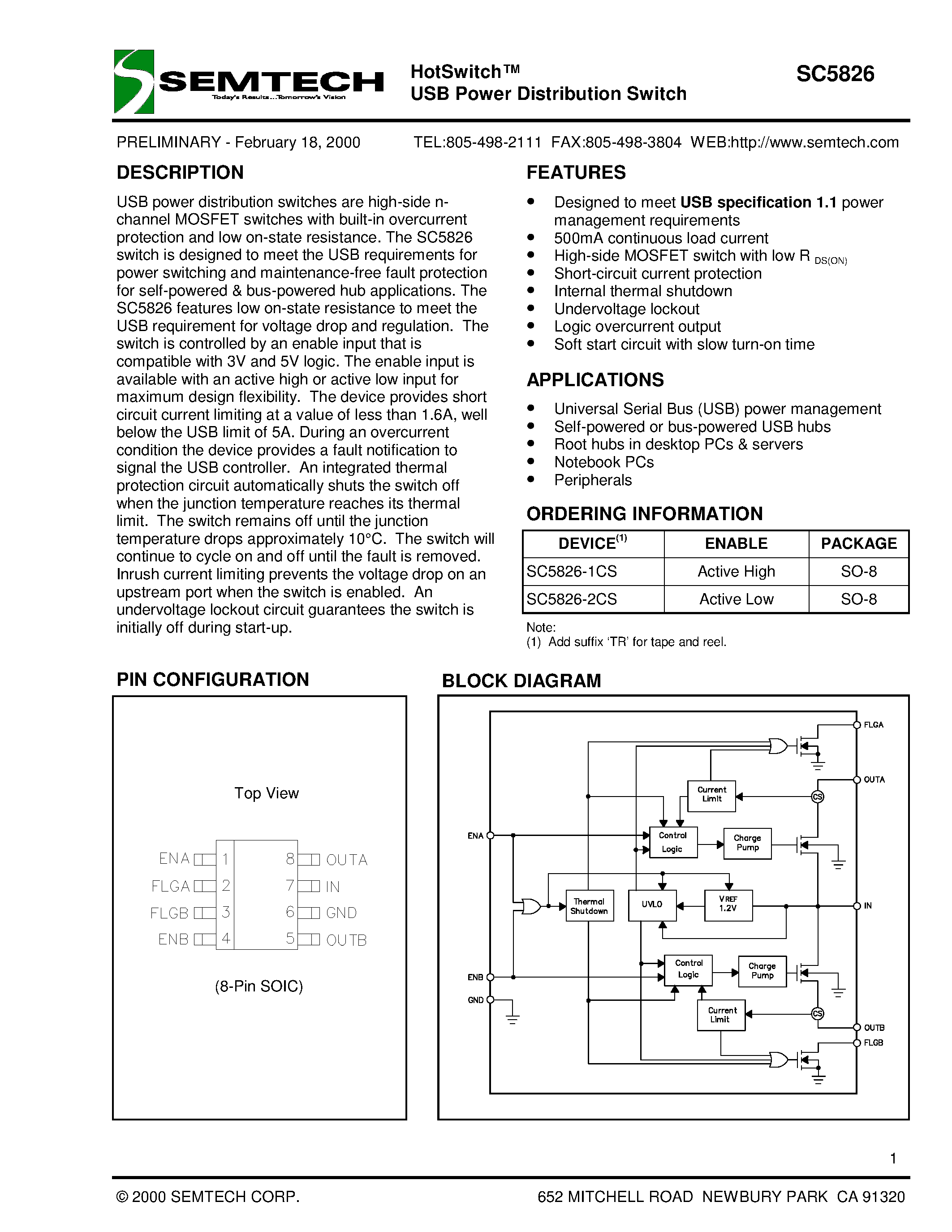 Datasheet SC5826 page 1 Datasheet SC5826 - HotSwitch USB Power Distribution Switch page 1