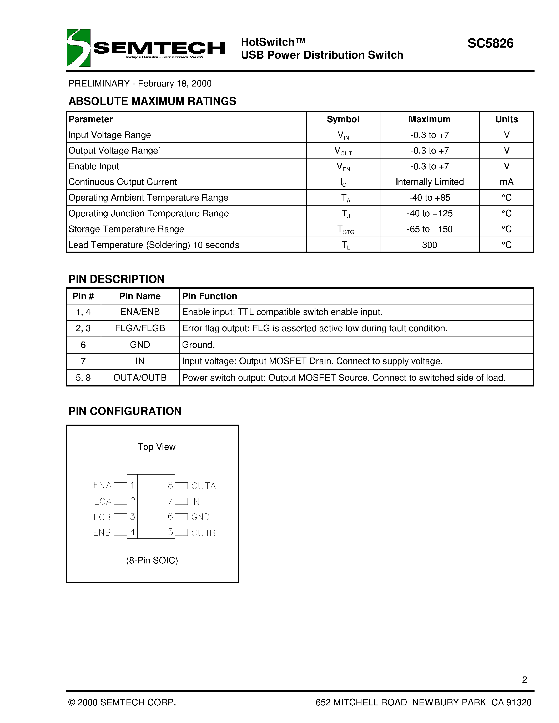 Datasheet SC5826 page 2 Datasheet SC5826 - HotSwitch USB Power Distribution Switch page 2