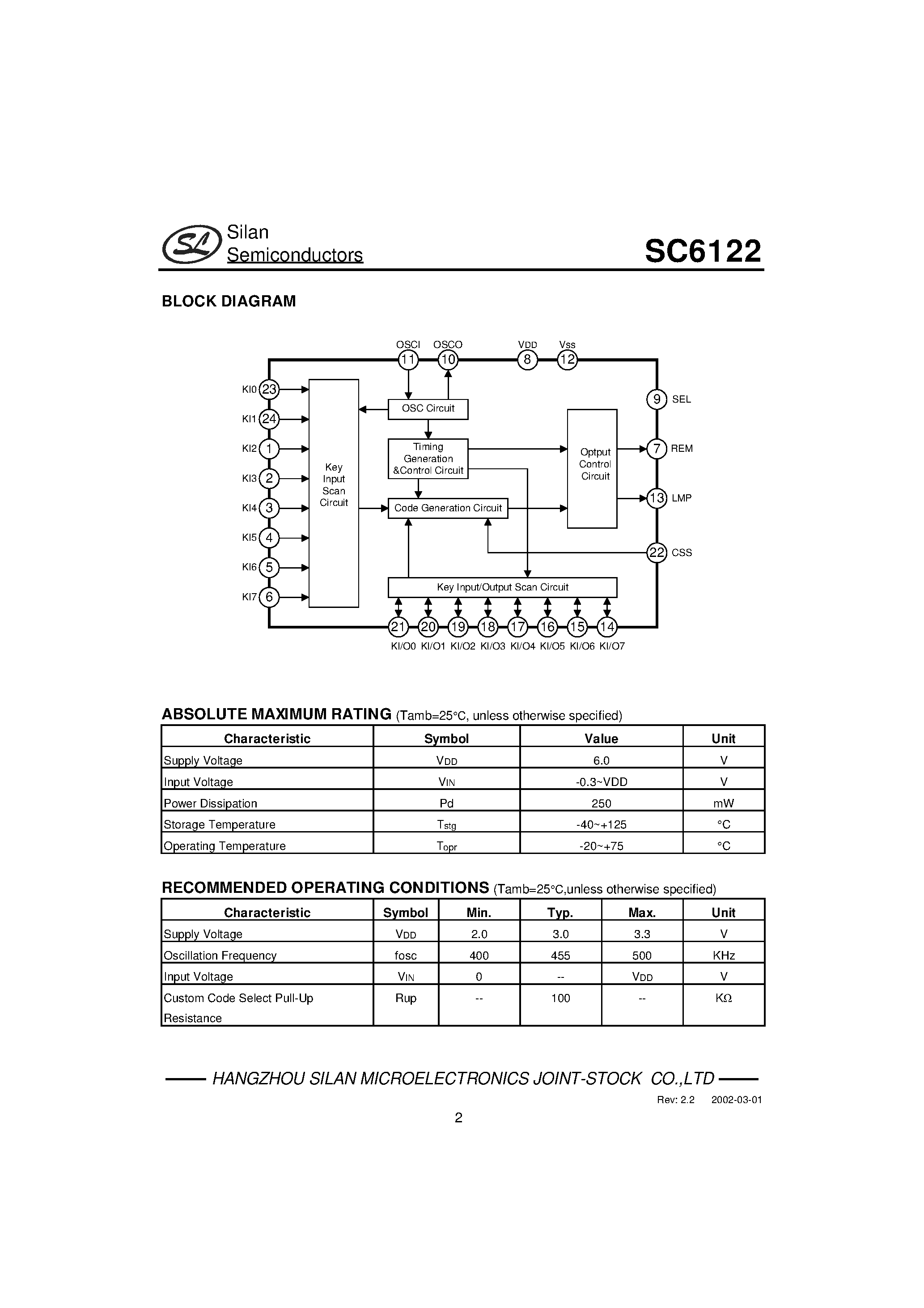 Даташит на микросхему SC6122-001 страница 2 Даташит SC6122-001 - INFRARED REMOTE CONTROL TRANSMITTER страница 2