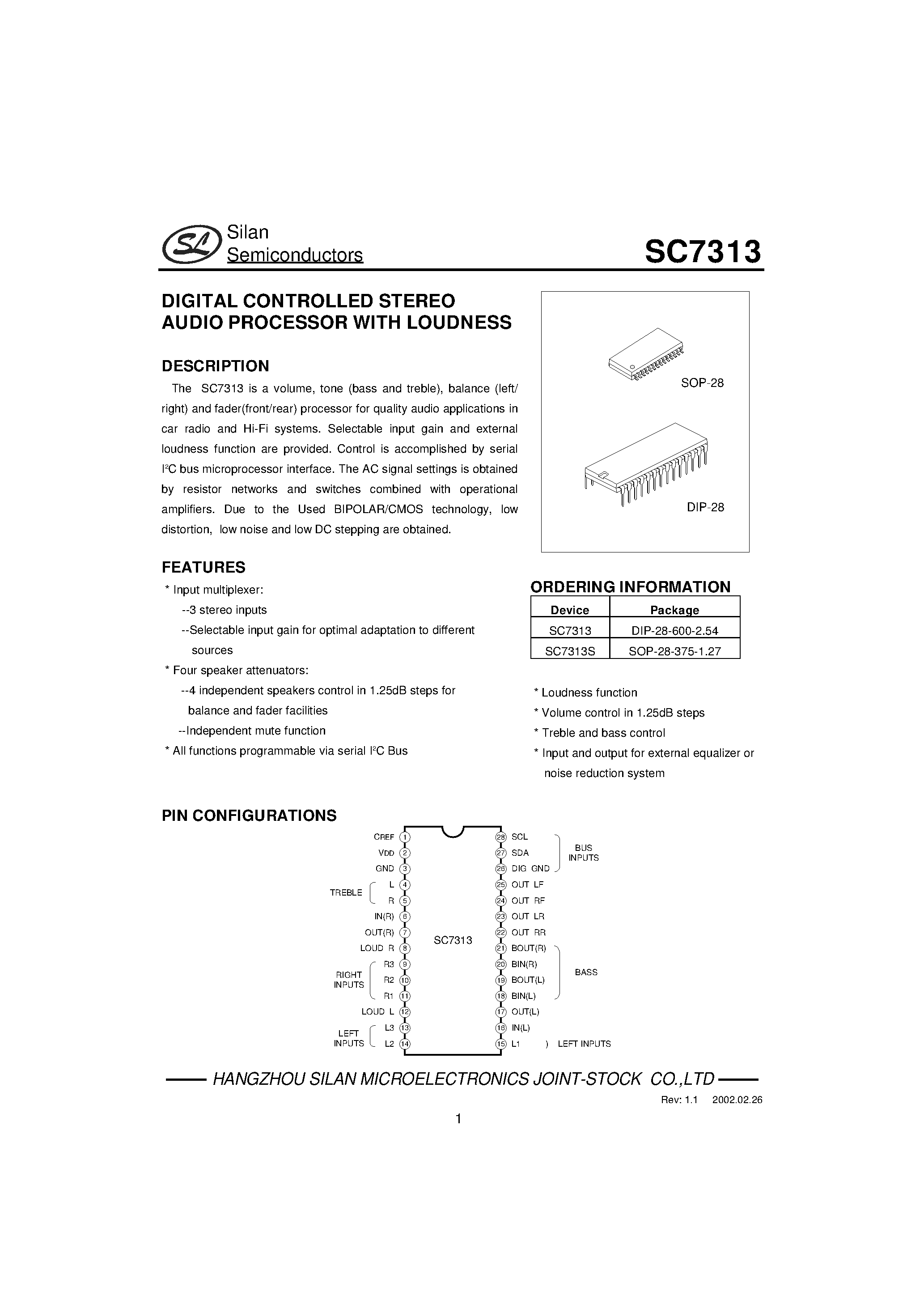 Даташит SC7313S - DIGITAL CONTROLLED STEREO AUDIO PROCESSOR WITH LOUDNESS страница 1