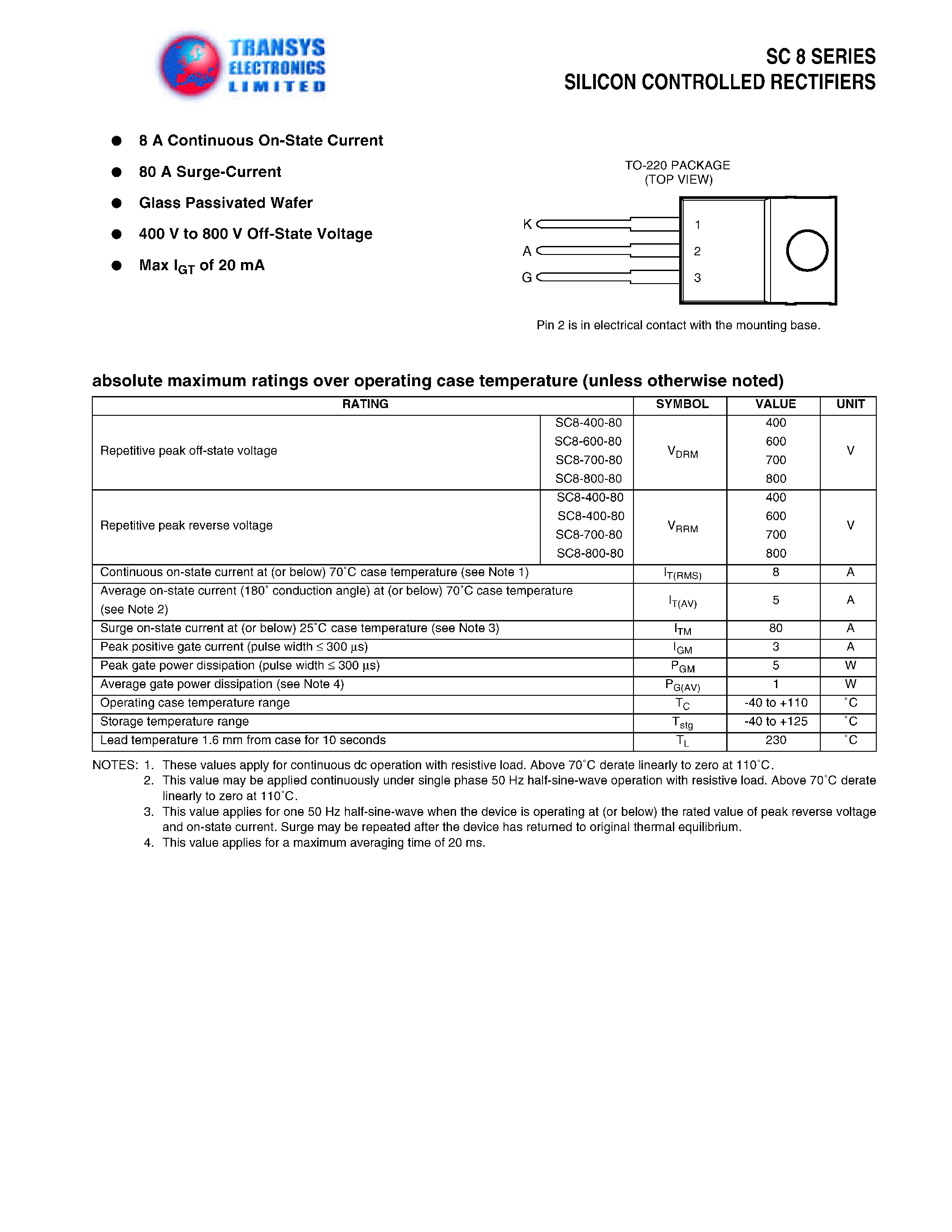 Datasheet SC8-800-80 page 1 Datasheet SC8-800-80 - SILICON CONTROLLED RECTIFIERS page 1