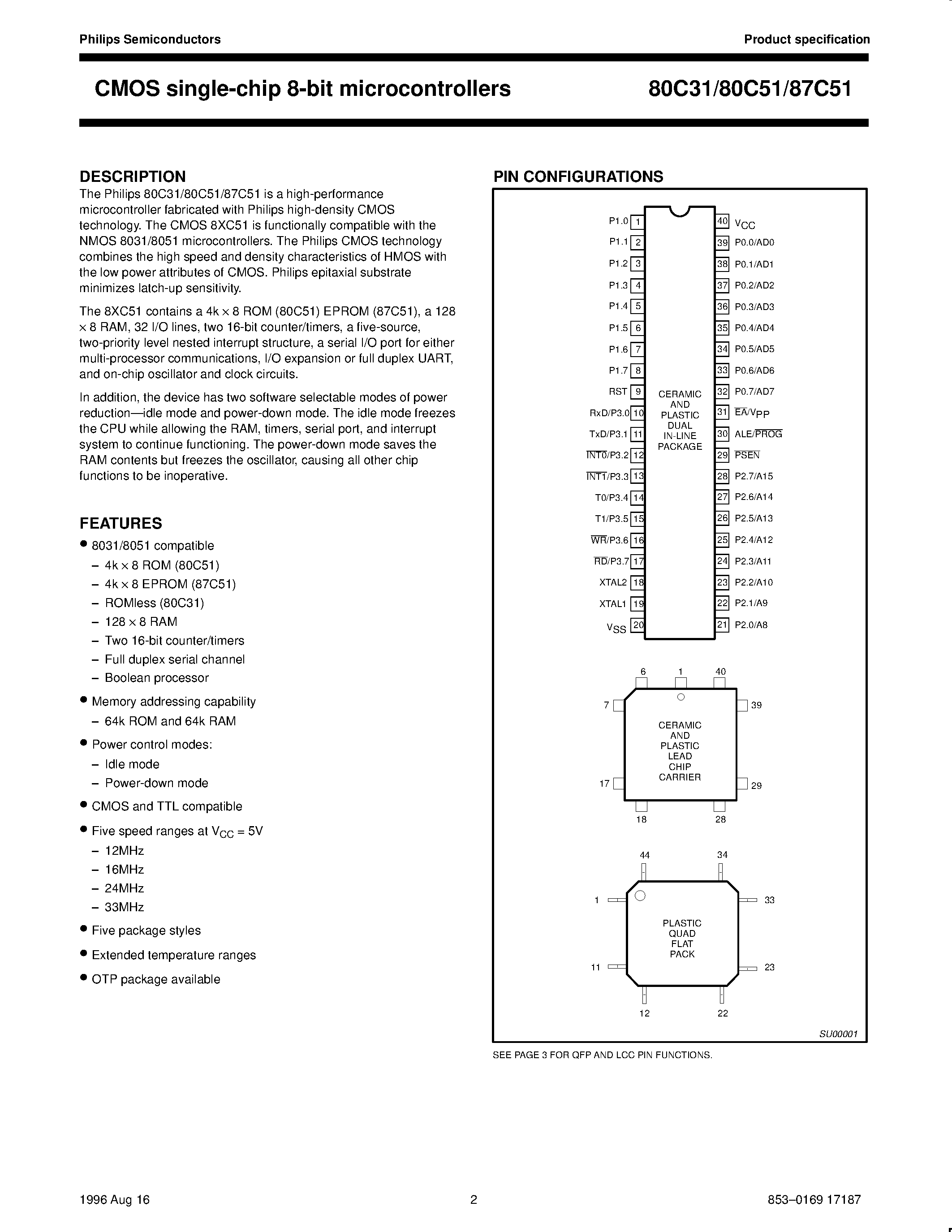 Datasheet SC80C51BCPN40 page 2 Datasheet SC80C51BCPN40 - CMOS single-chip 8-bit microcontrollers page 2