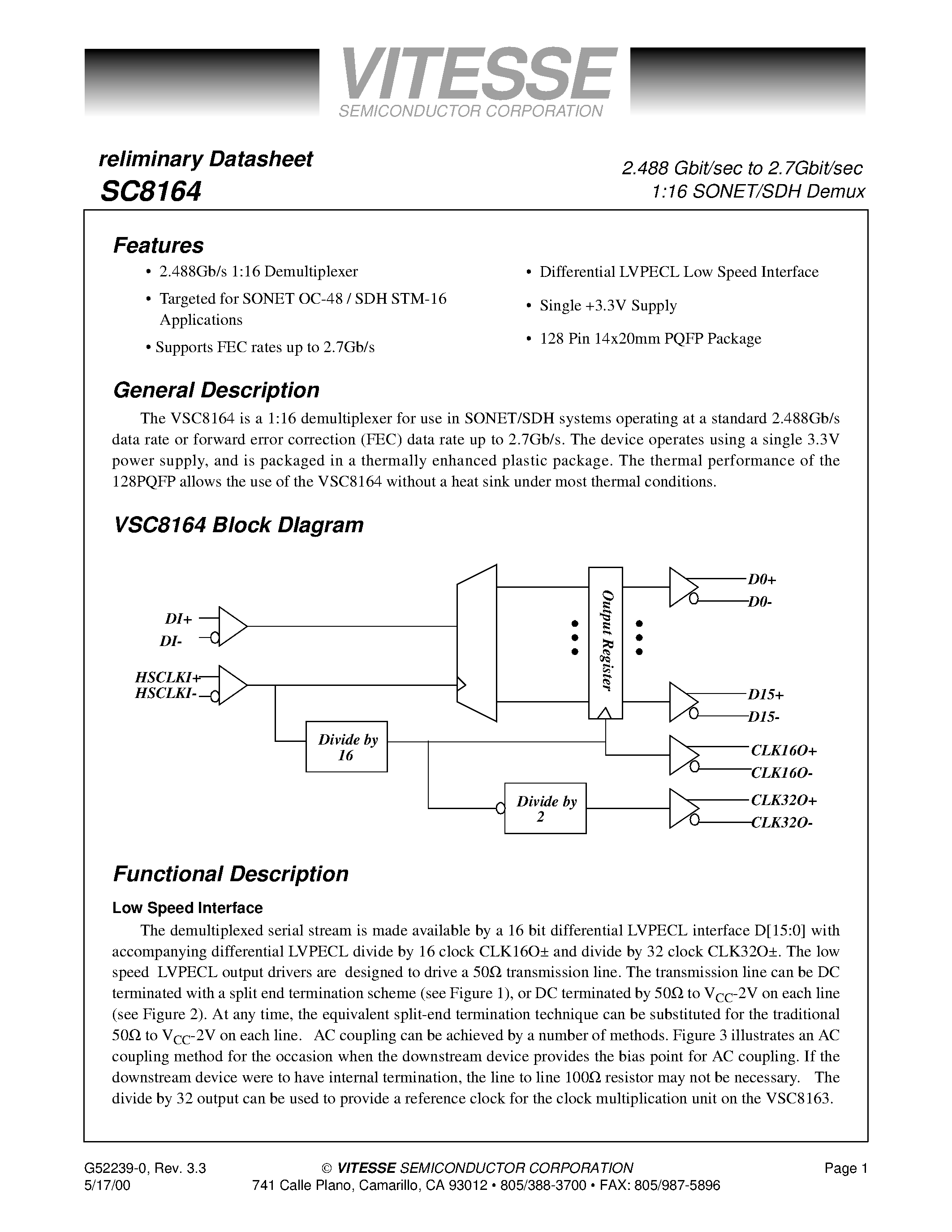 Datasheet SC8164 - 2.488 Gbit/sec to 2.7Gbit/sec 1:16 SONET/SDH Demux page 1