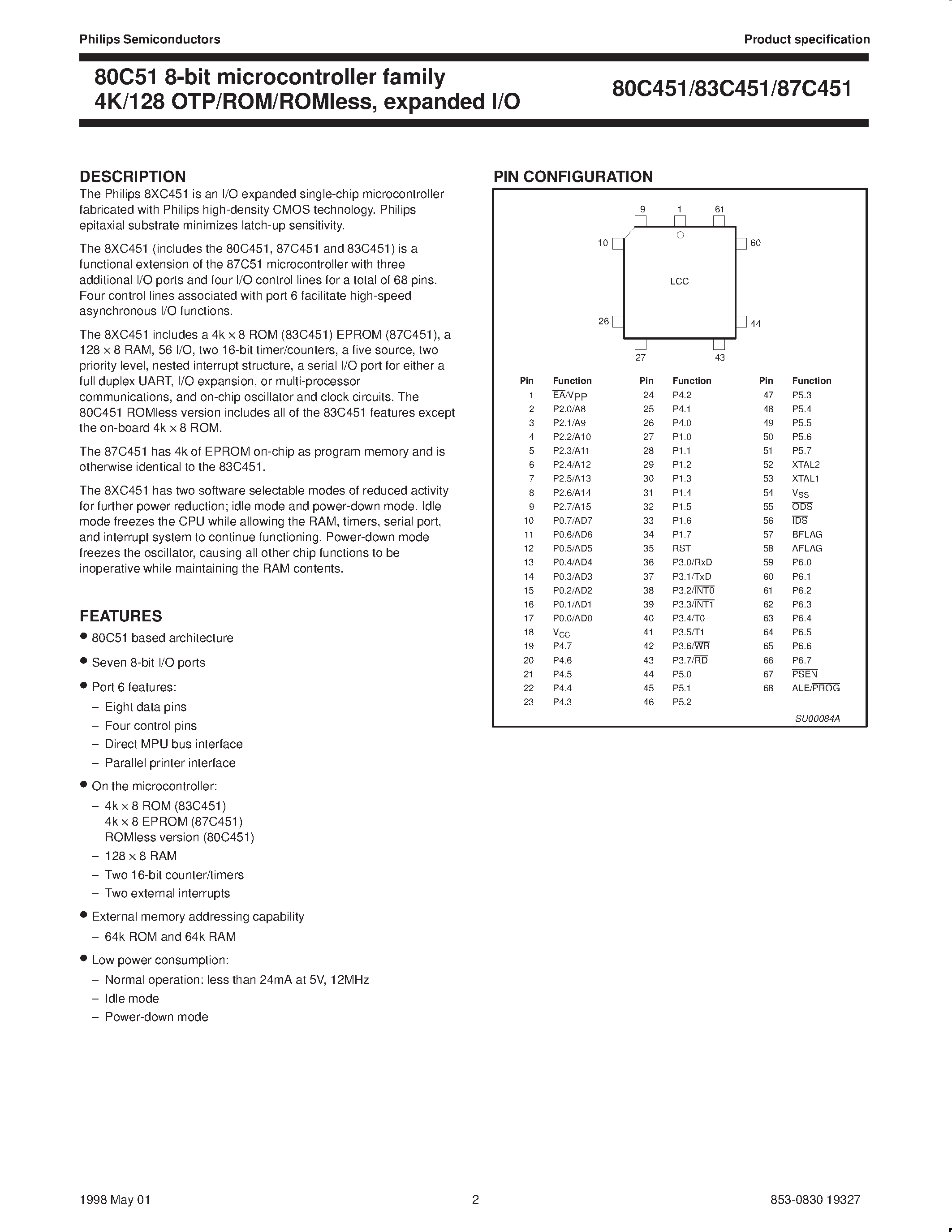 Datasheet SC83C451CGA68 page 2 Datasheet SC83C451CGA68 - 80C51 8-bit microcontroller family 4K/128 OTP/ROM/ROMless/ expanded I/O page 2