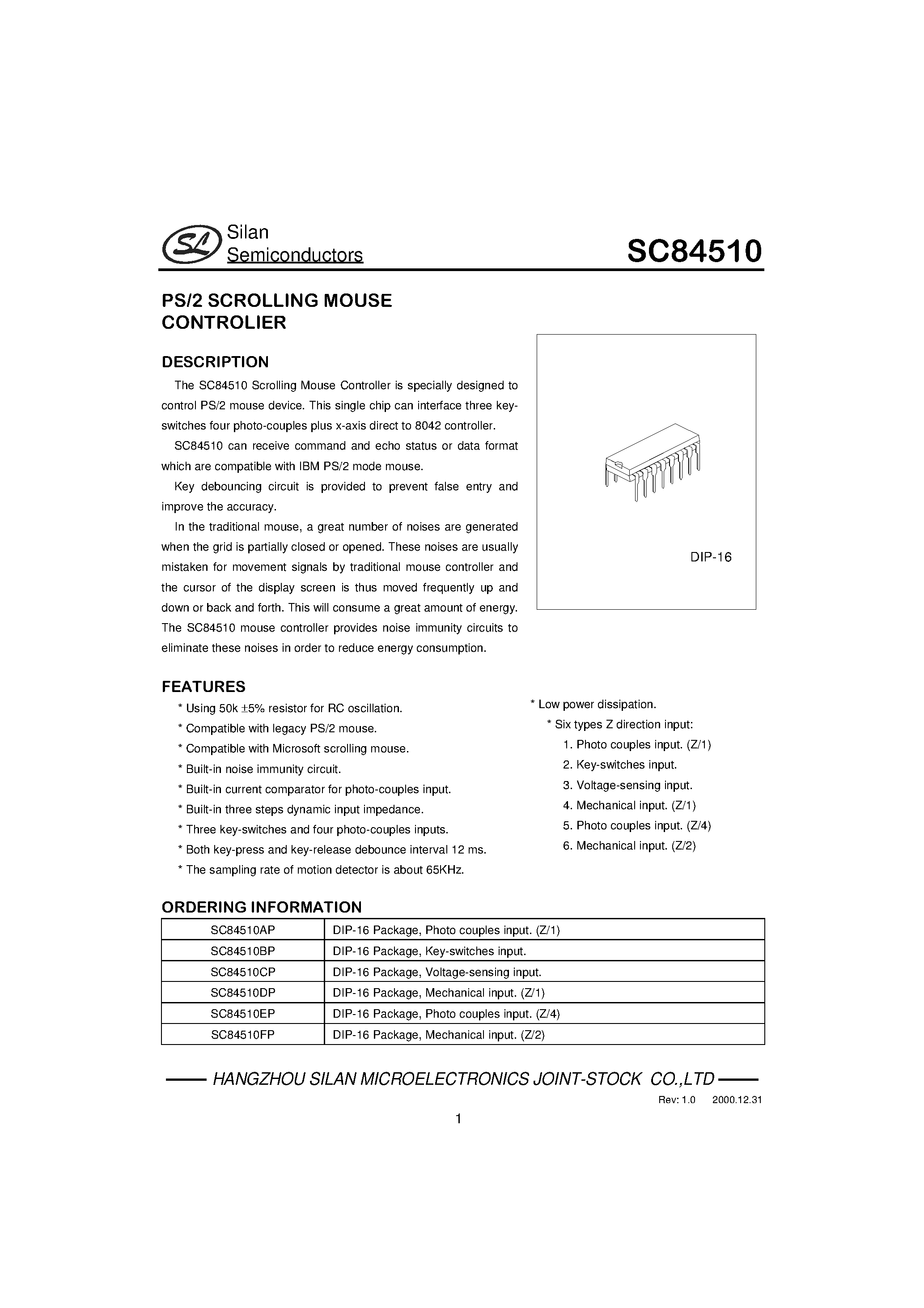 Datasheet SC84510AP - PS/2 SCROLLING MOUSE CONTROLIER page 1