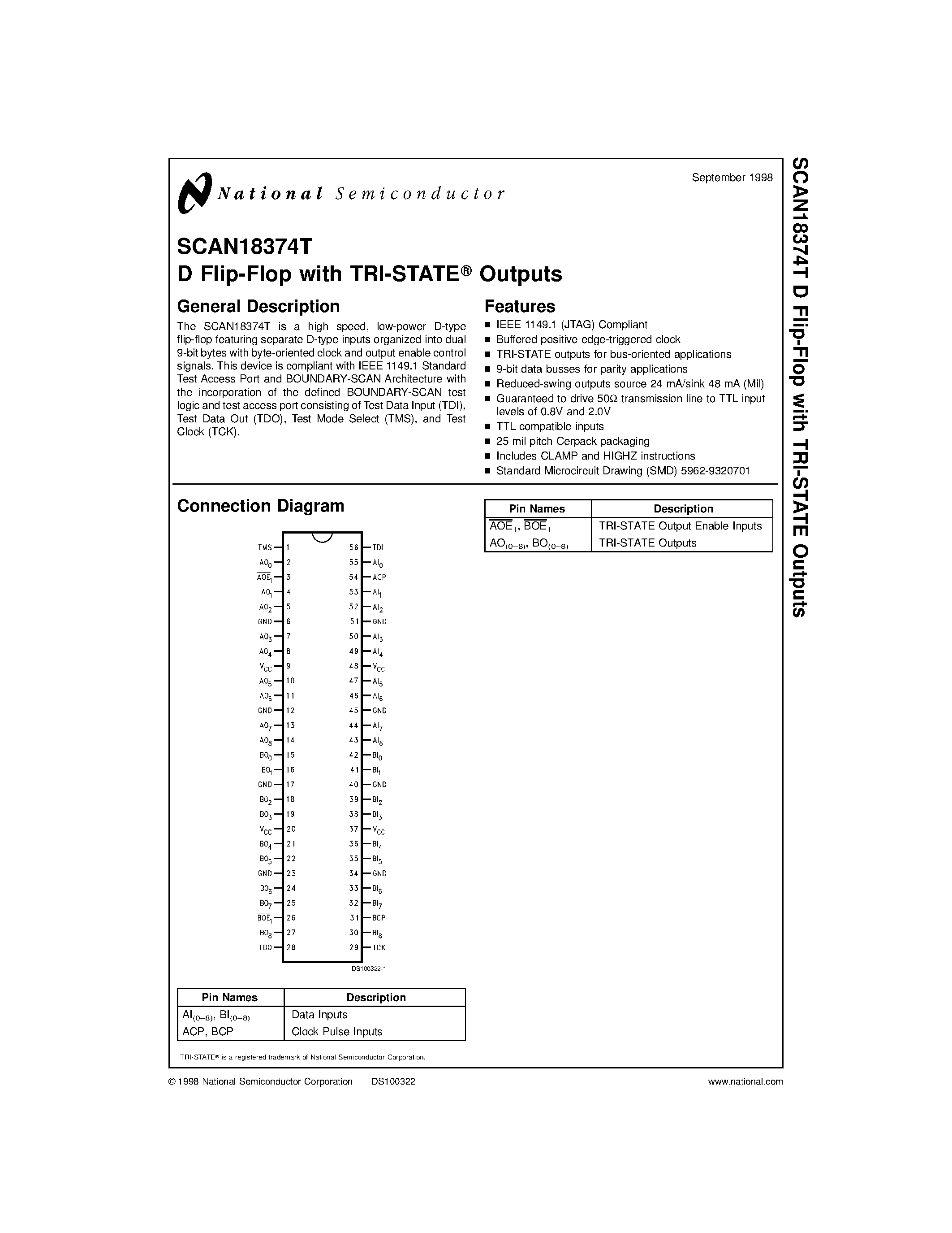 Даташит SCAN18374T - D Flip-Flop with TRI-STATE Outputs страница 1