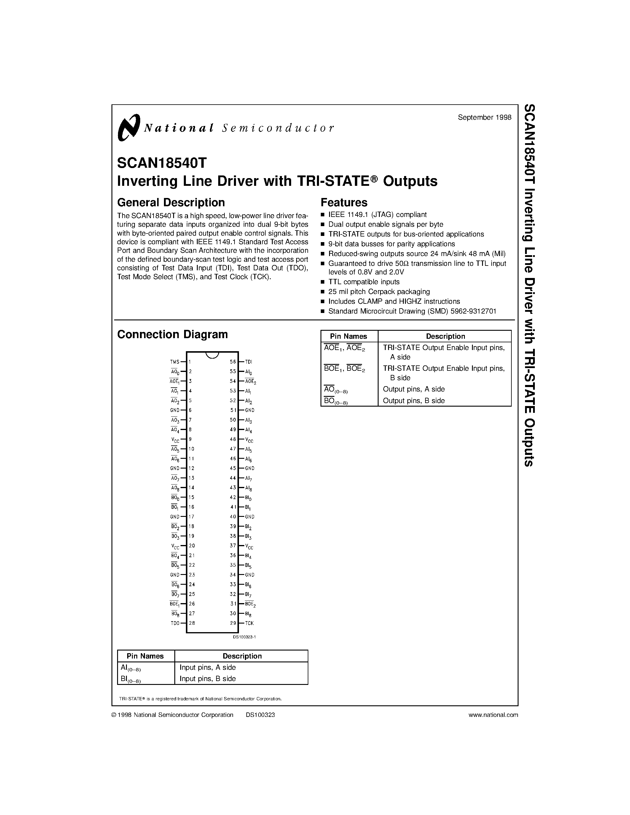 Datasheet SCAN18540T - Inverting Line Driver with TRI-STATE Outputs page 1