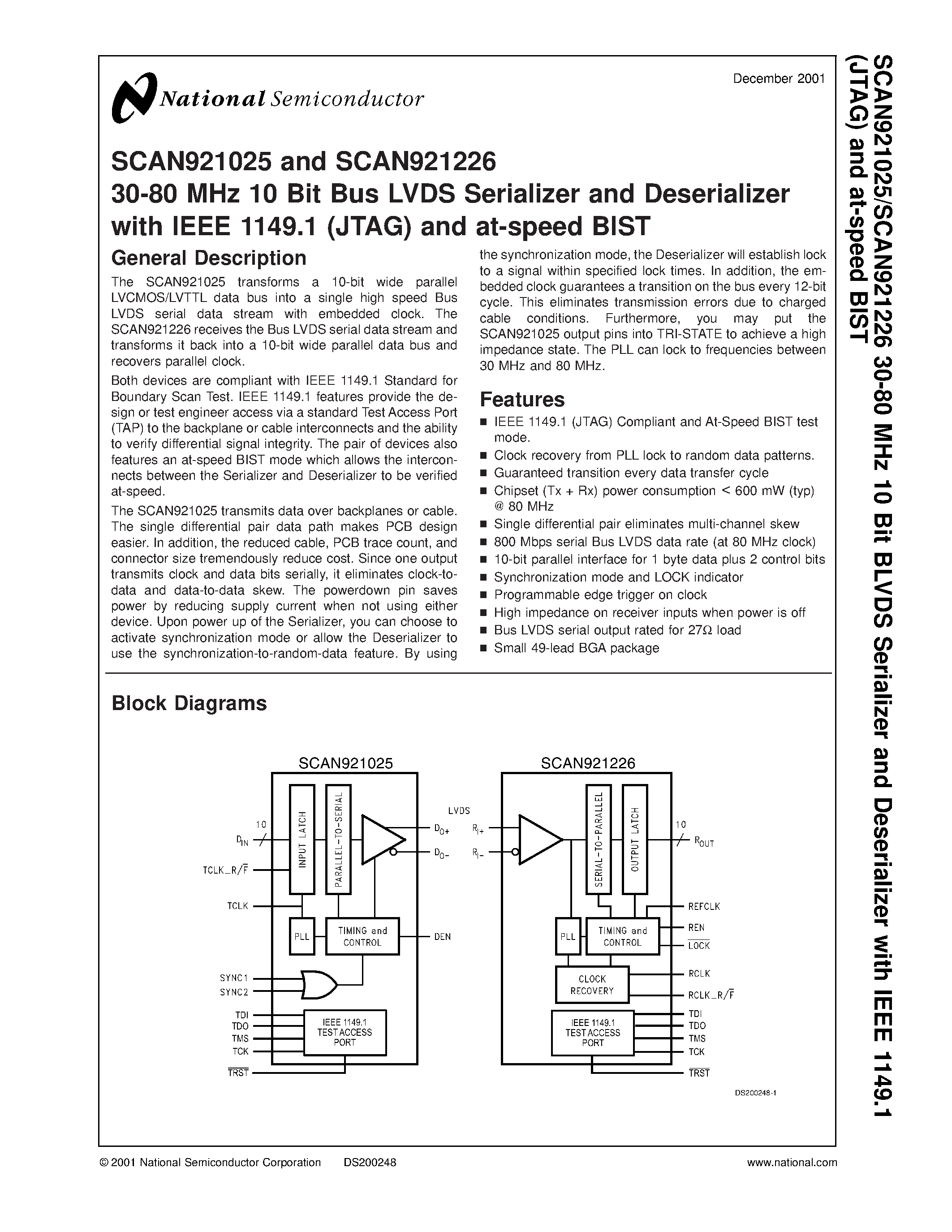 Datasheet SCAN921226SLC - 30-80 MHz 10 Bit Bus LVDS Serializer and Deserializer with IEEE 1149.1 (JTAG) and at-speed BIST page 1