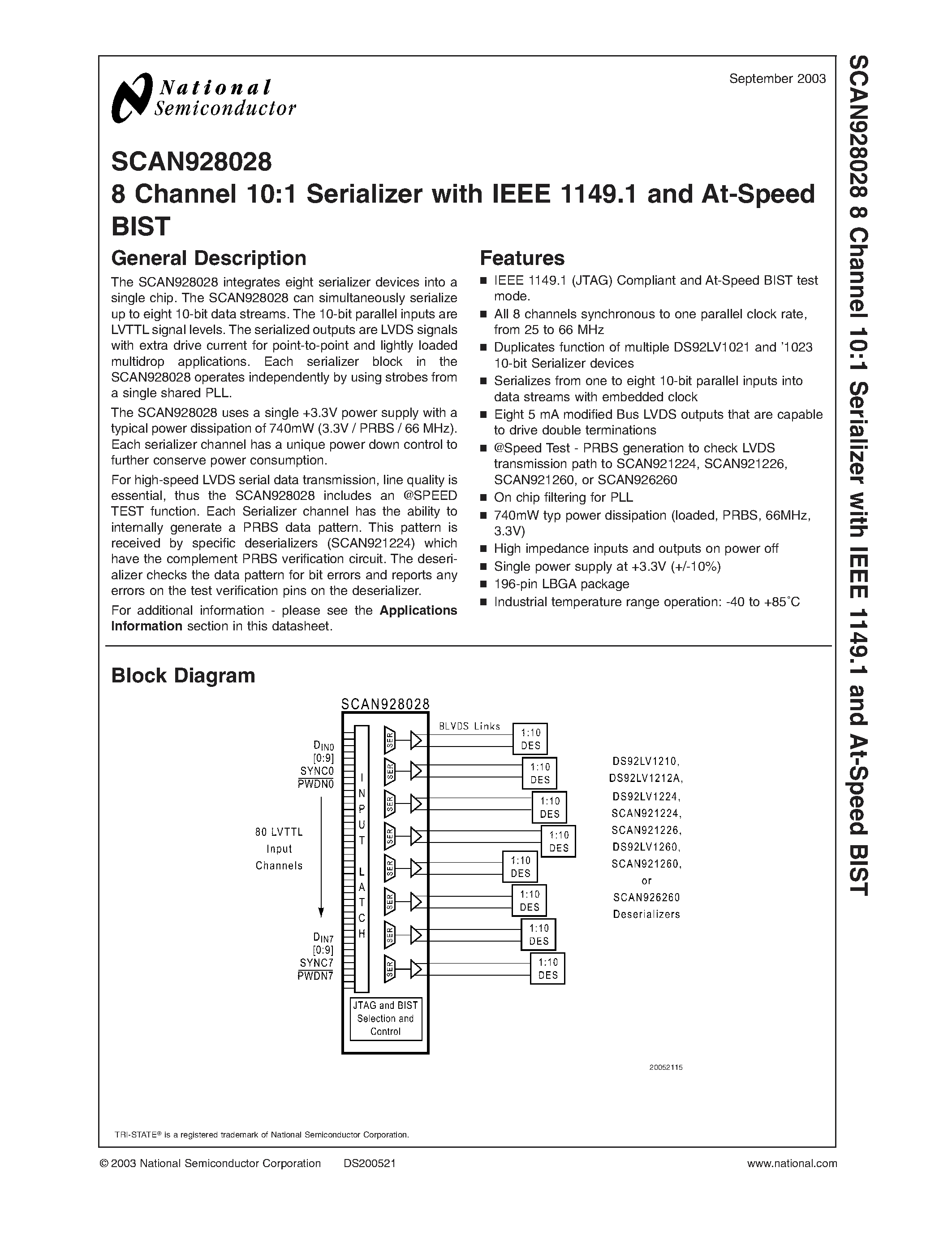 Даташит на микросхему SCAN928028 страница 1 Даташит SCAN928028 - 8 Channel 10:1 Serializer with IEEE 1149.1 and At-Speed BIST страница 1
