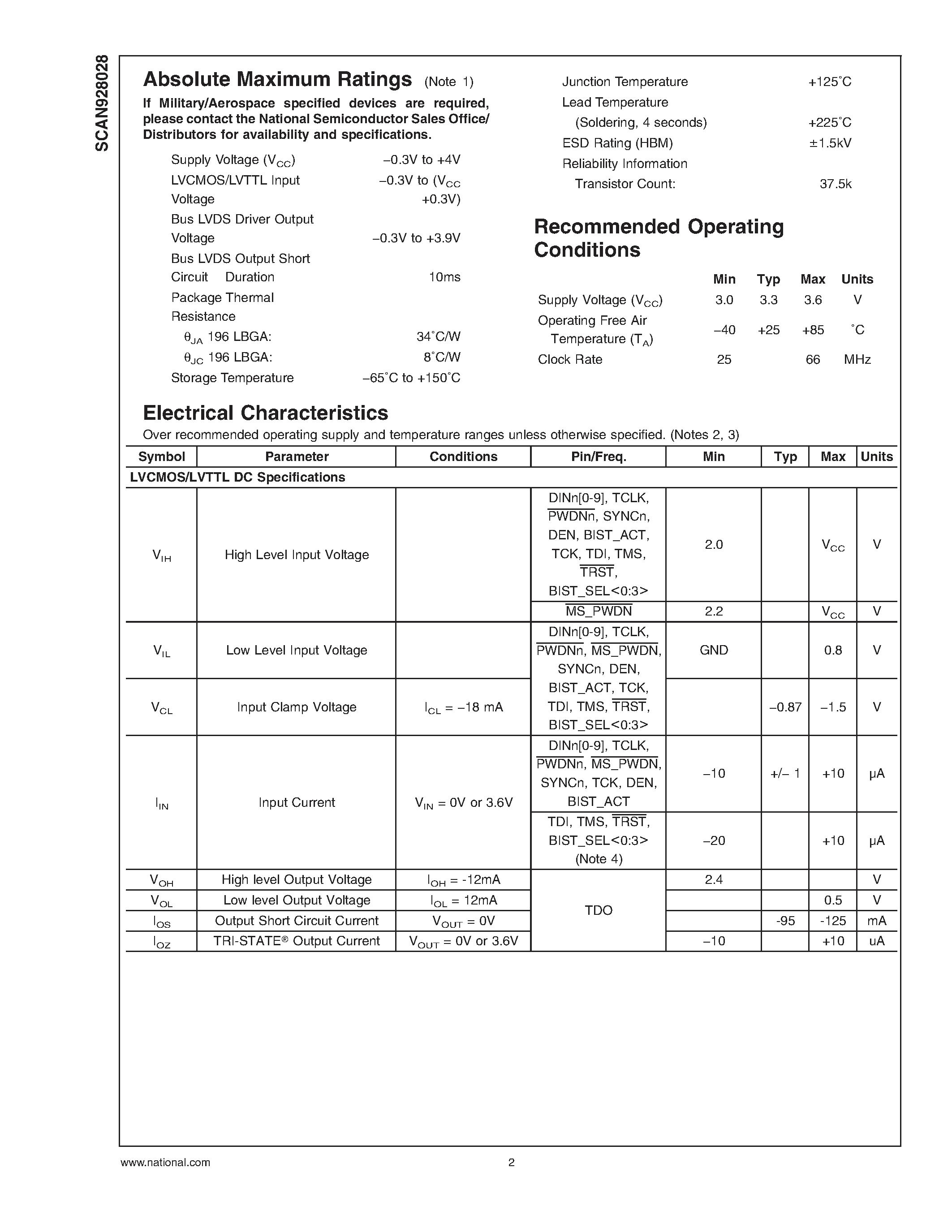 Даташит SCAN928028TUF - 8 Channel 10:1 Serializer with IEEE 1149.1 and At-Speed BIST страница 2