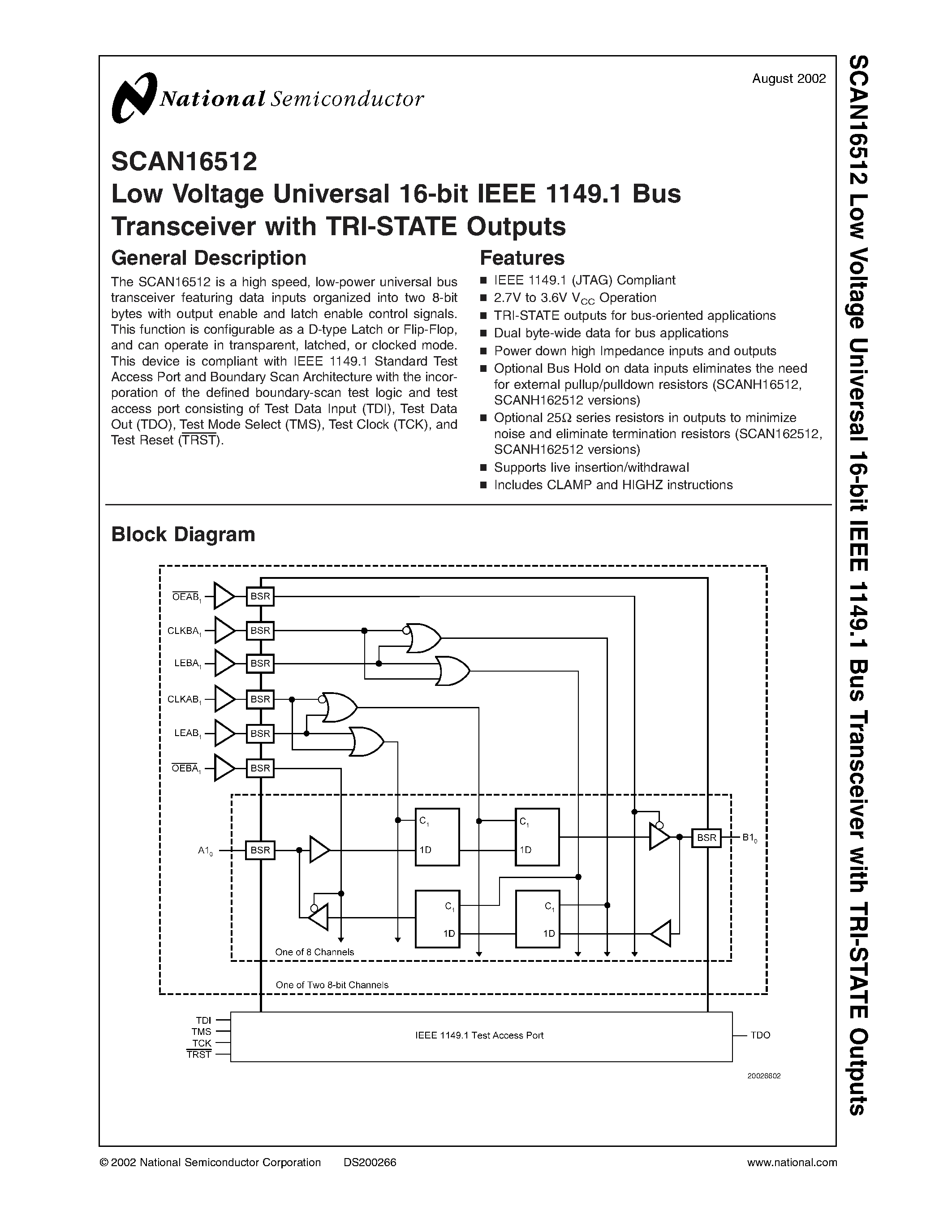 Datasheet SCANH16512SM - Low Voltage Universal 16-bit IEEE 1149.1 Bus Transceiver with TRI-STATE Outputs page 1