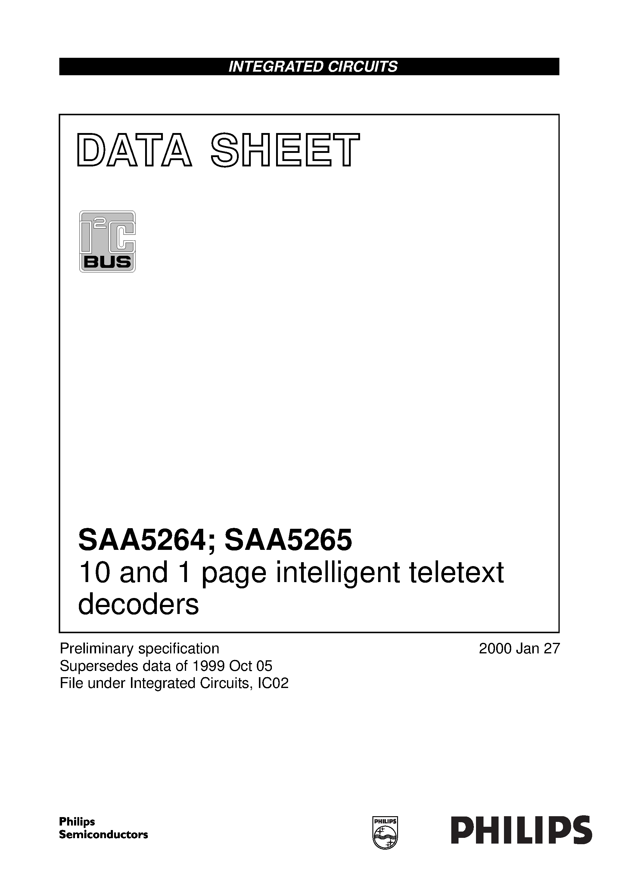 Datasheet SAA5265 page 1 Datasheet SAA5265 - 10 and 1 page intelligent teletext decoders page 1