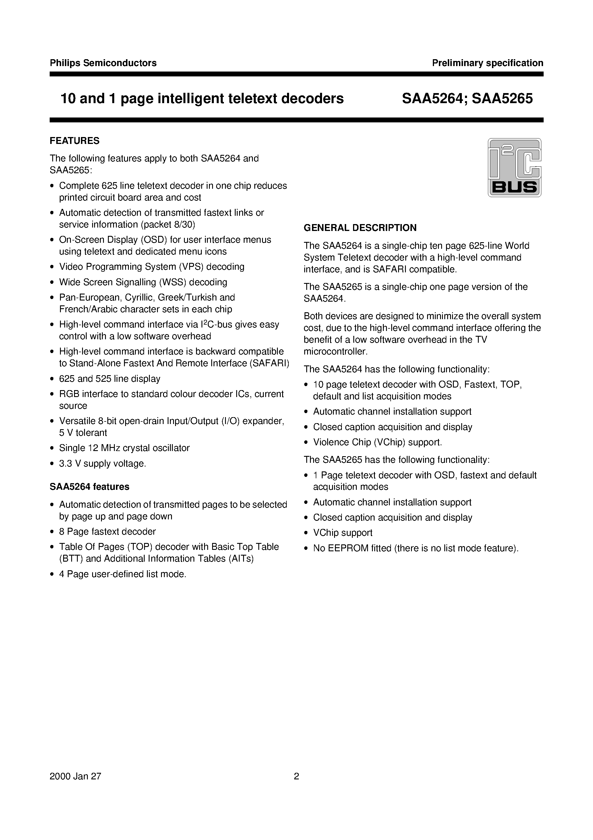 Datasheet SAA5265 page 2 Datasheet SAA5265 - 10 and 1 page intelligent teletext decoders page 2