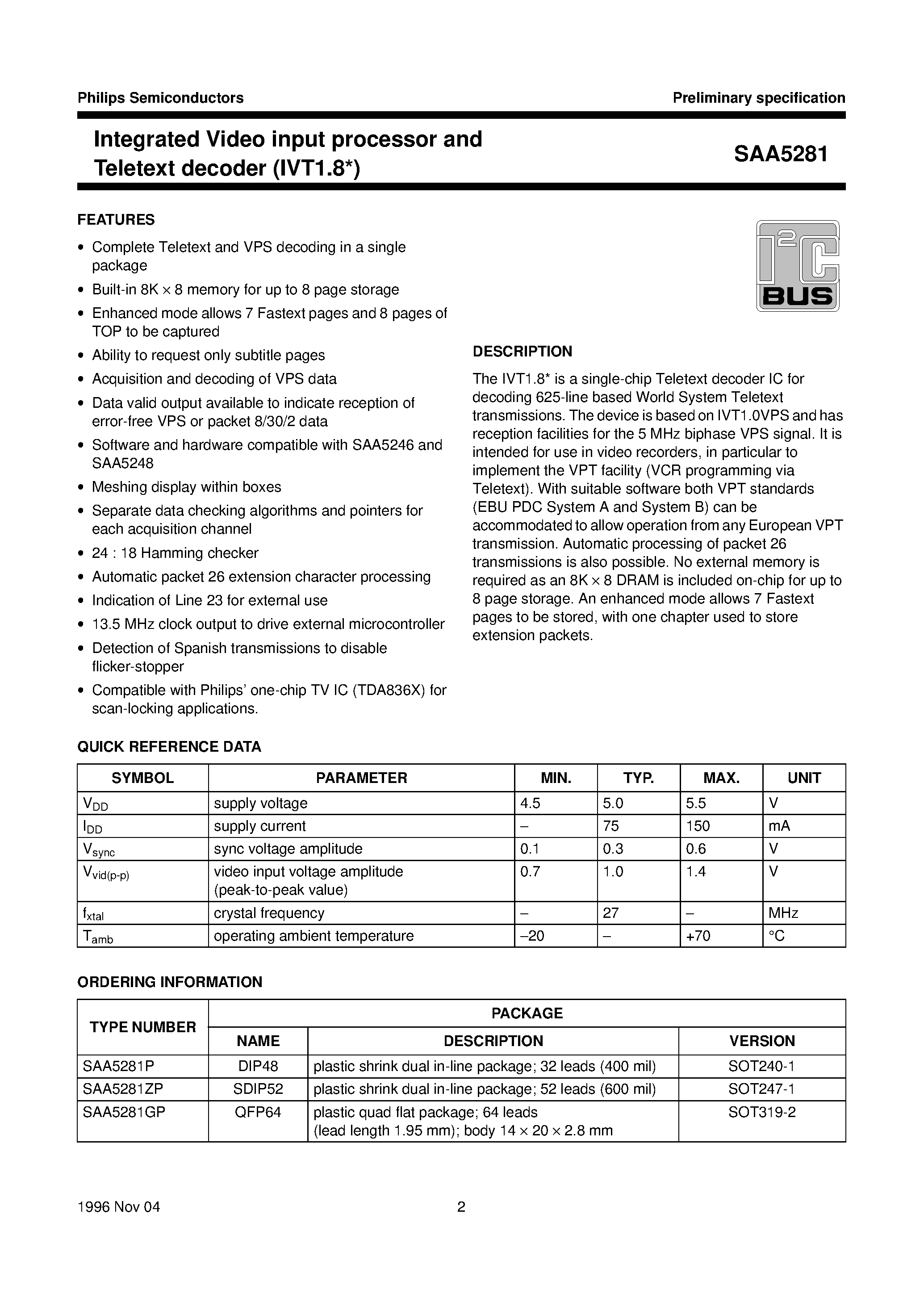 Даташит SAA5281GP - Integrated Video input processor and Teletext decoder IVT1.8 страница 2