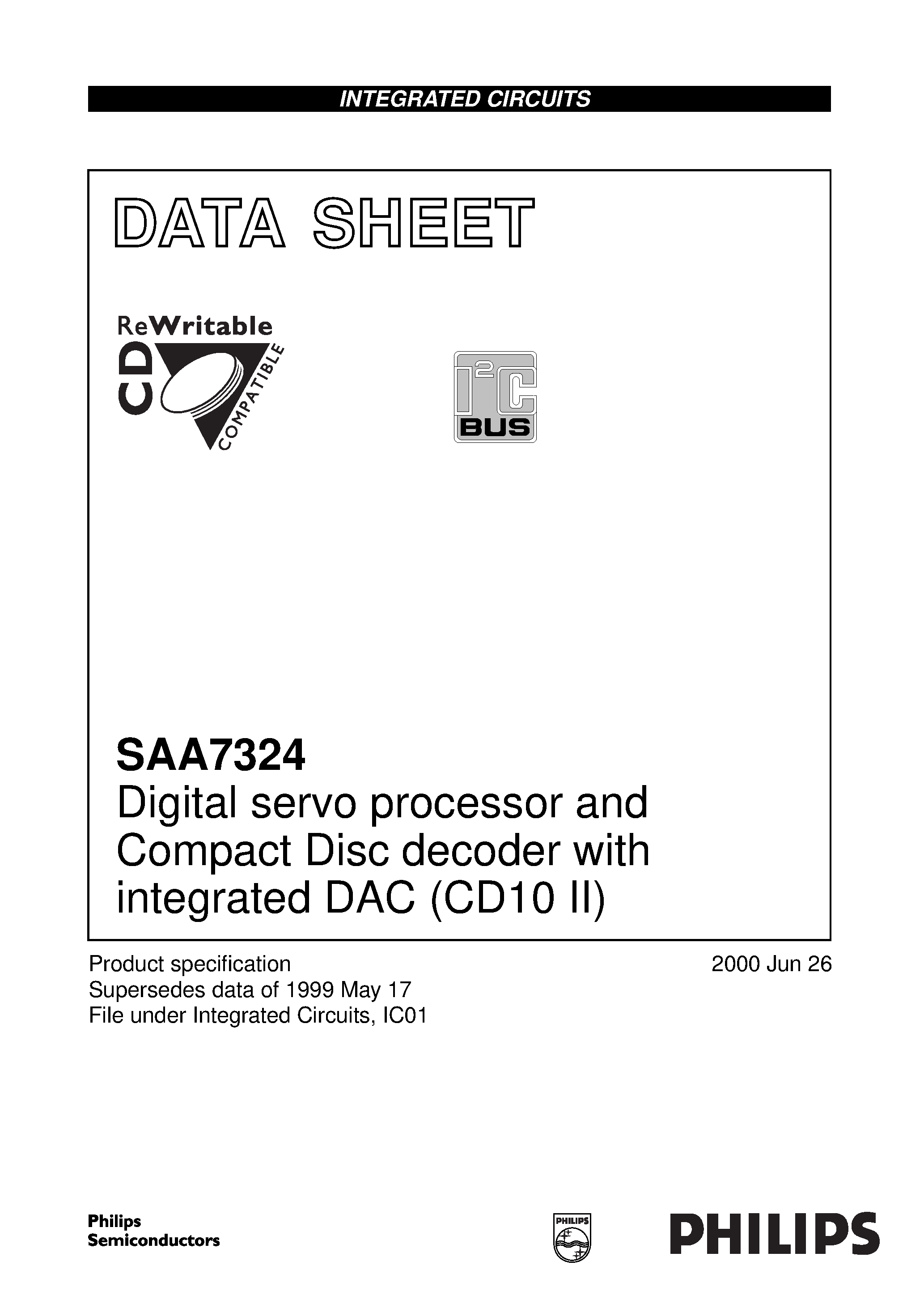 Datasheet SAA7324 - Digital servo processor and Compact Disc decoder with integrated DAC CD10 II page 1