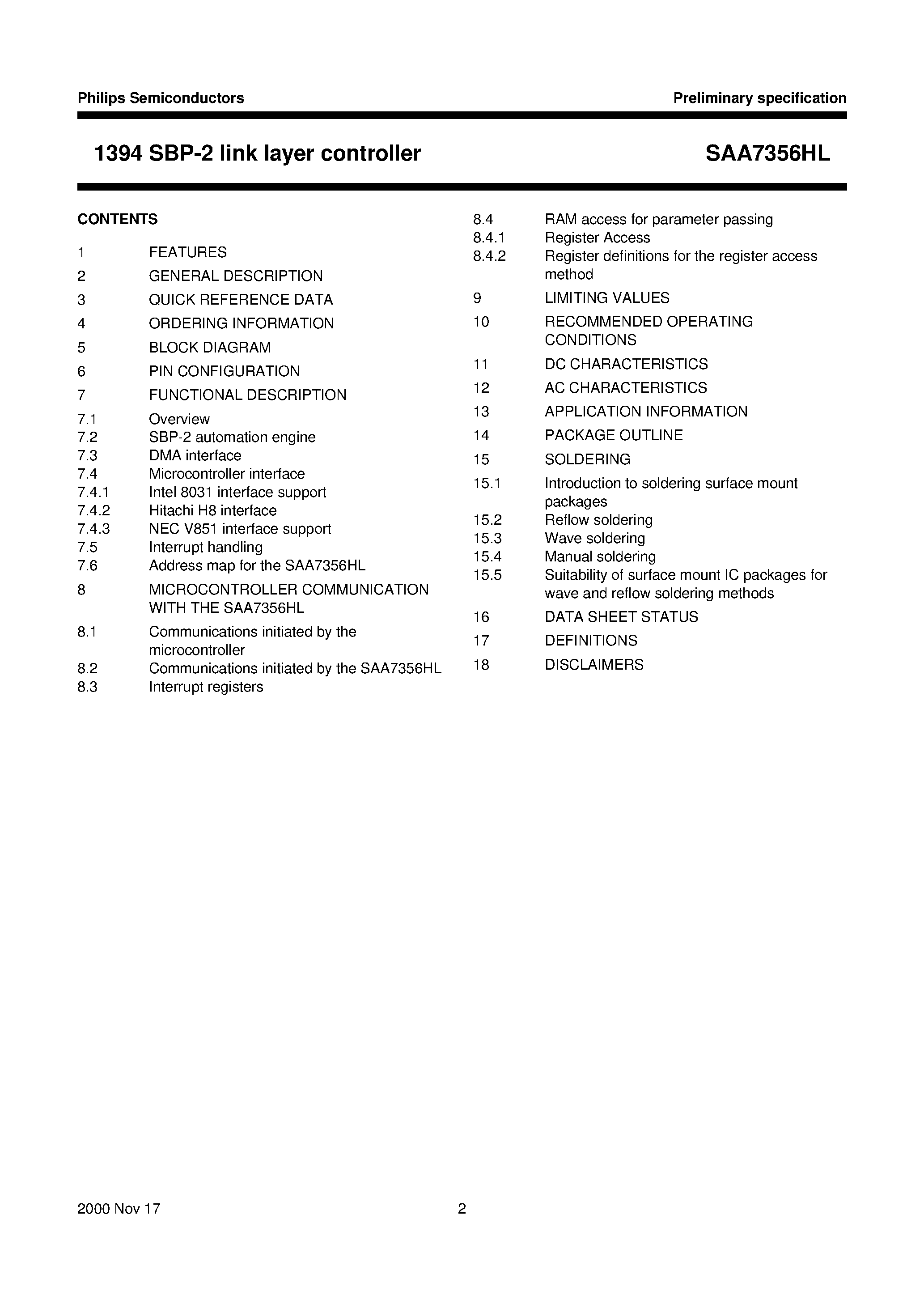 Datasheet SAA7356HL page 2 Datasheet SAA7356HL - 1394 SBP-2 link layer controller page 2