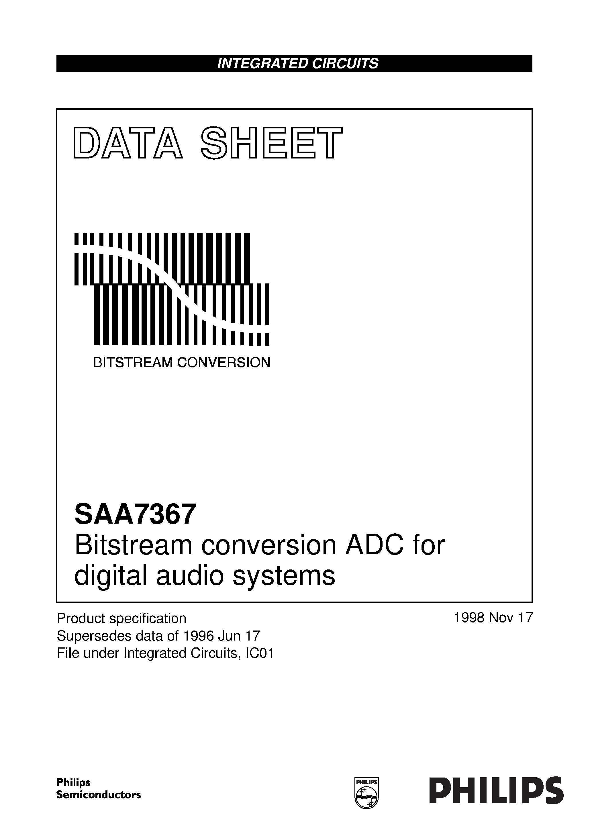 Datasheet SAA7367 - Bitstream conversion ADC for digital audio systems page 1