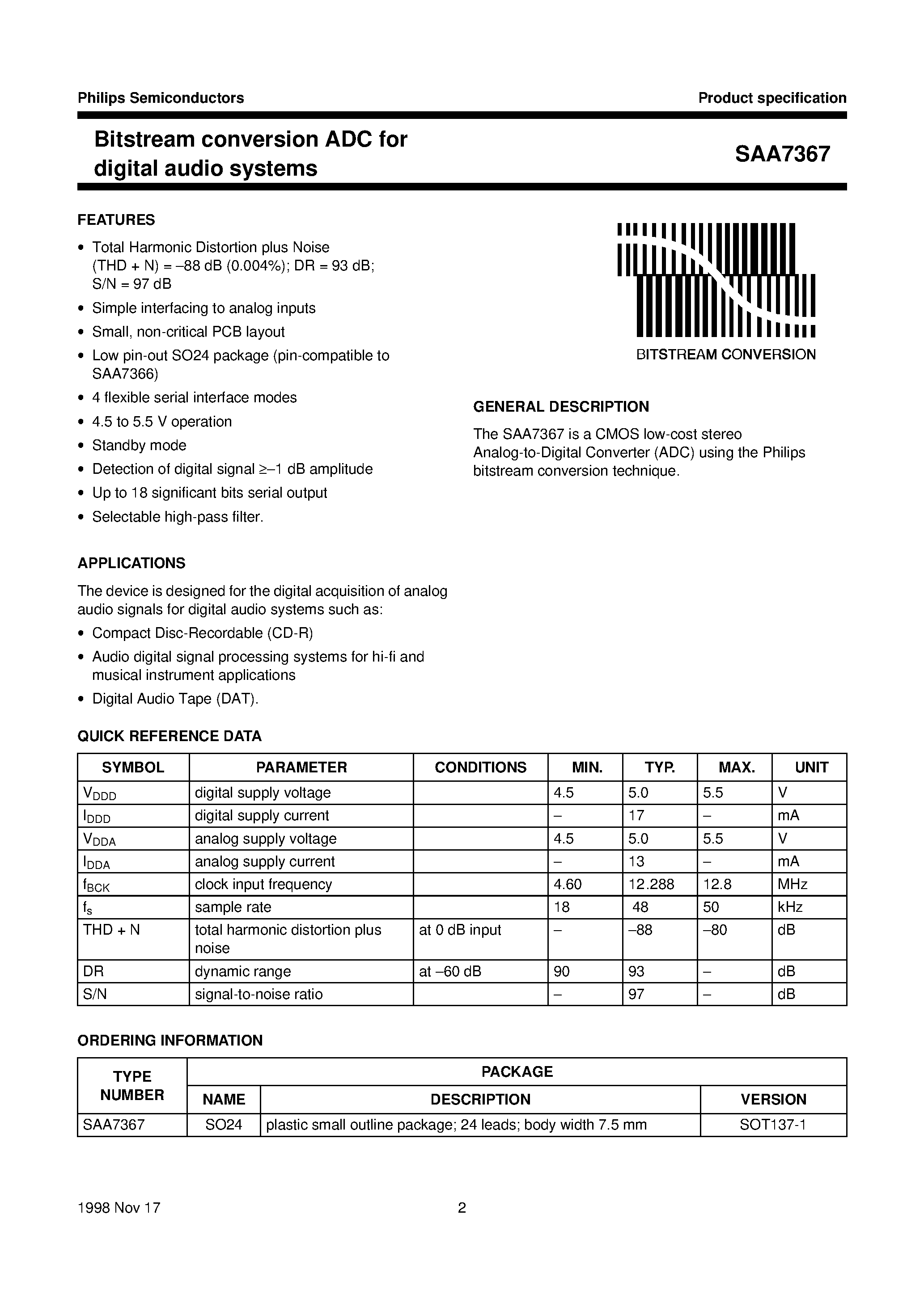 Datasheet SAA7367 - Bitstream conversion ADC for digital audio systems page 2