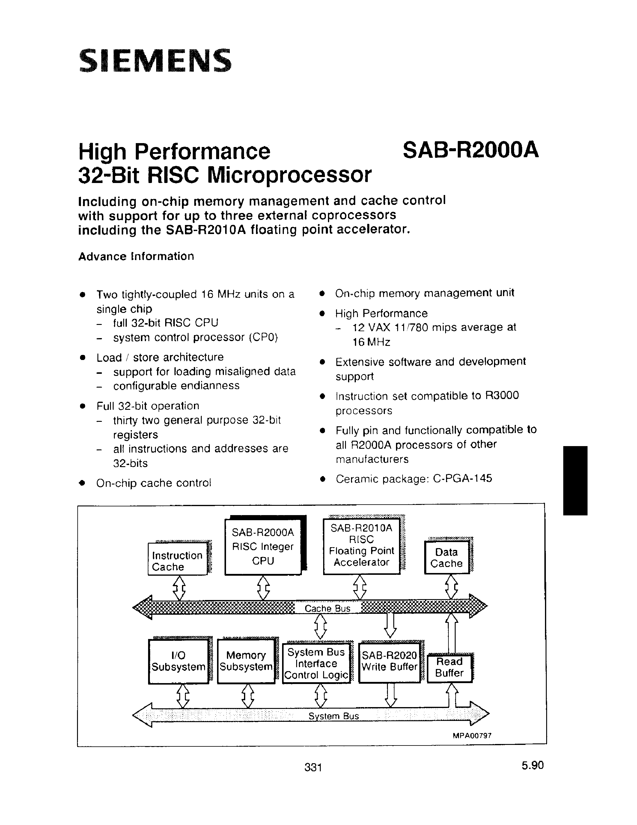 Datasheet SAB-R2000A-16-A page 1 Datasheet SAB-R2000A-16-A - HIGH PERFORMANCE 32-BIT RISC MICROPROCESSOR page 1