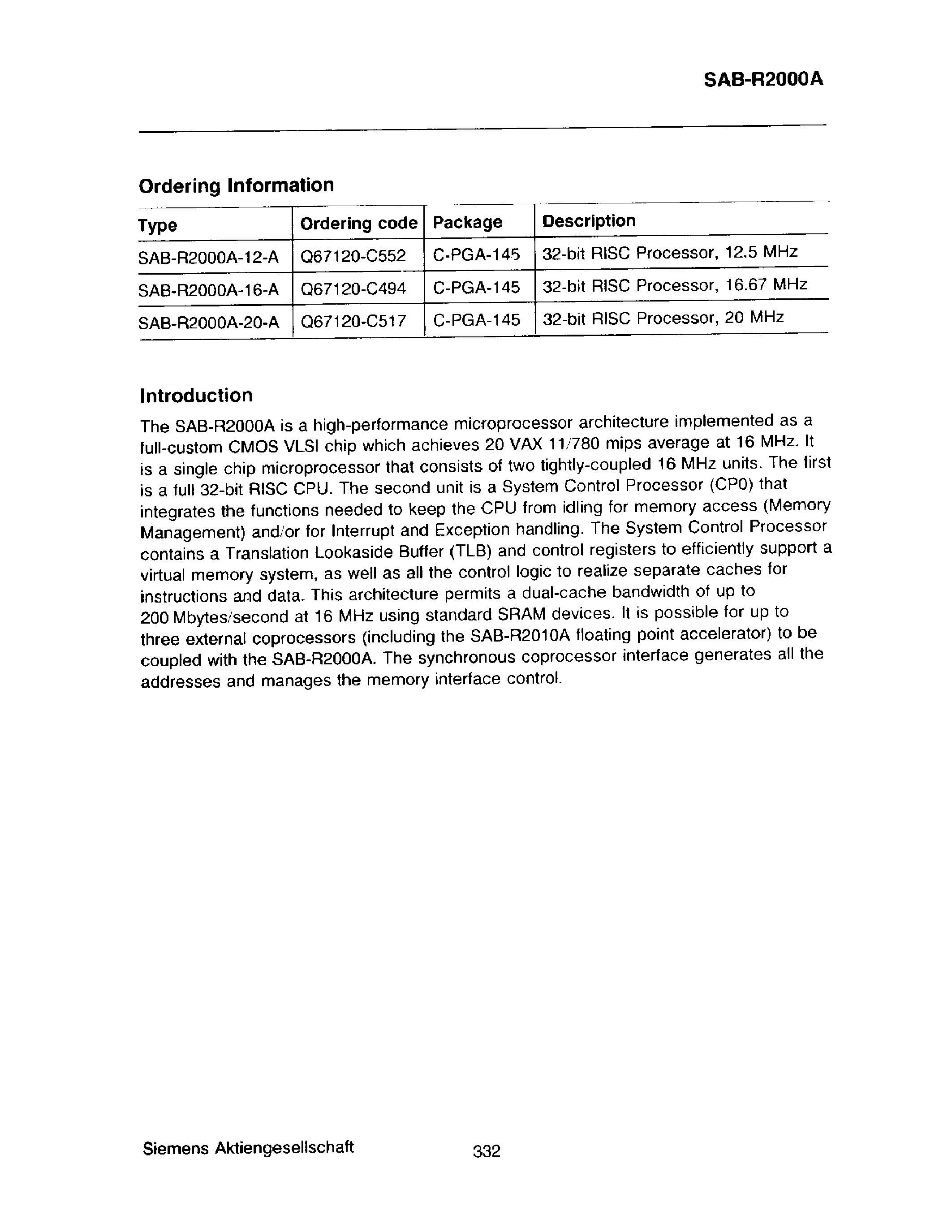 Datasheet SAB-R2000A-16-A page 2 Datasheet SAB-R2000A-16-A - HIGH PERFORMANCE 32-BIT RISC MICROPROCESSOR page 2