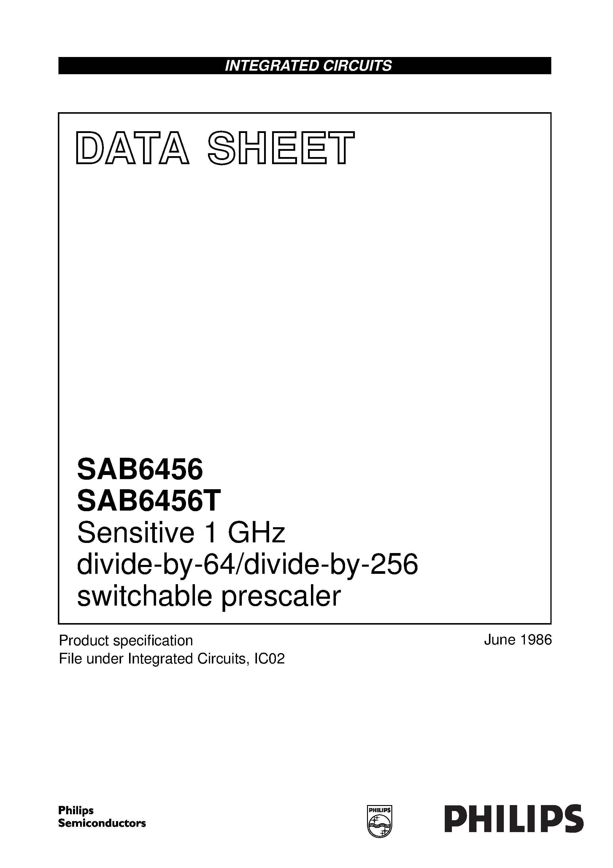 Datasheet SAB6456T - Sensitive 1 GHz divide-by-64/divide-by-256 switchable prescaler page 1