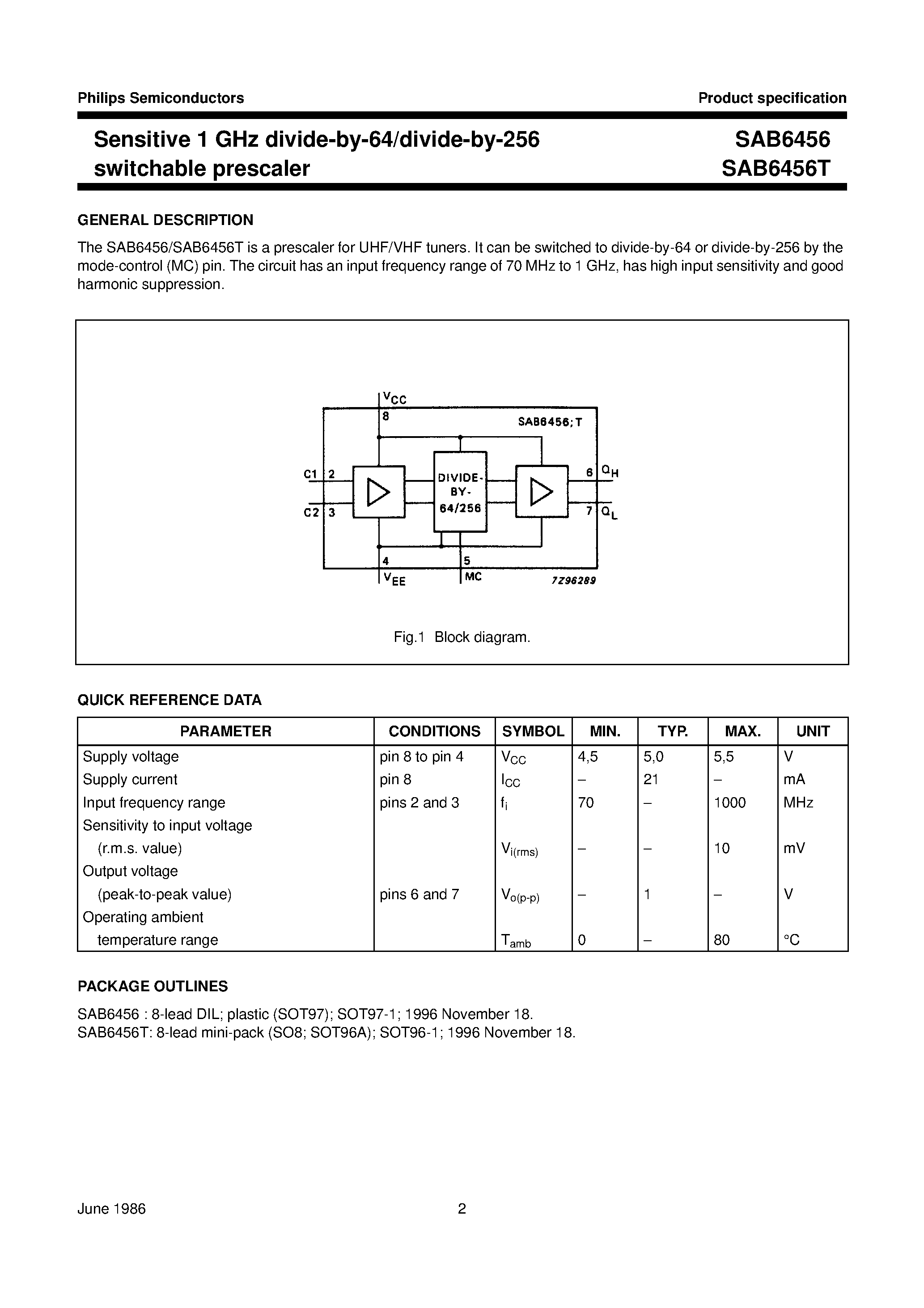 Datasheet SAB6456T - Sensitive 1 GHz divide-by-64/divide-by-256 switchable prescaler page 2