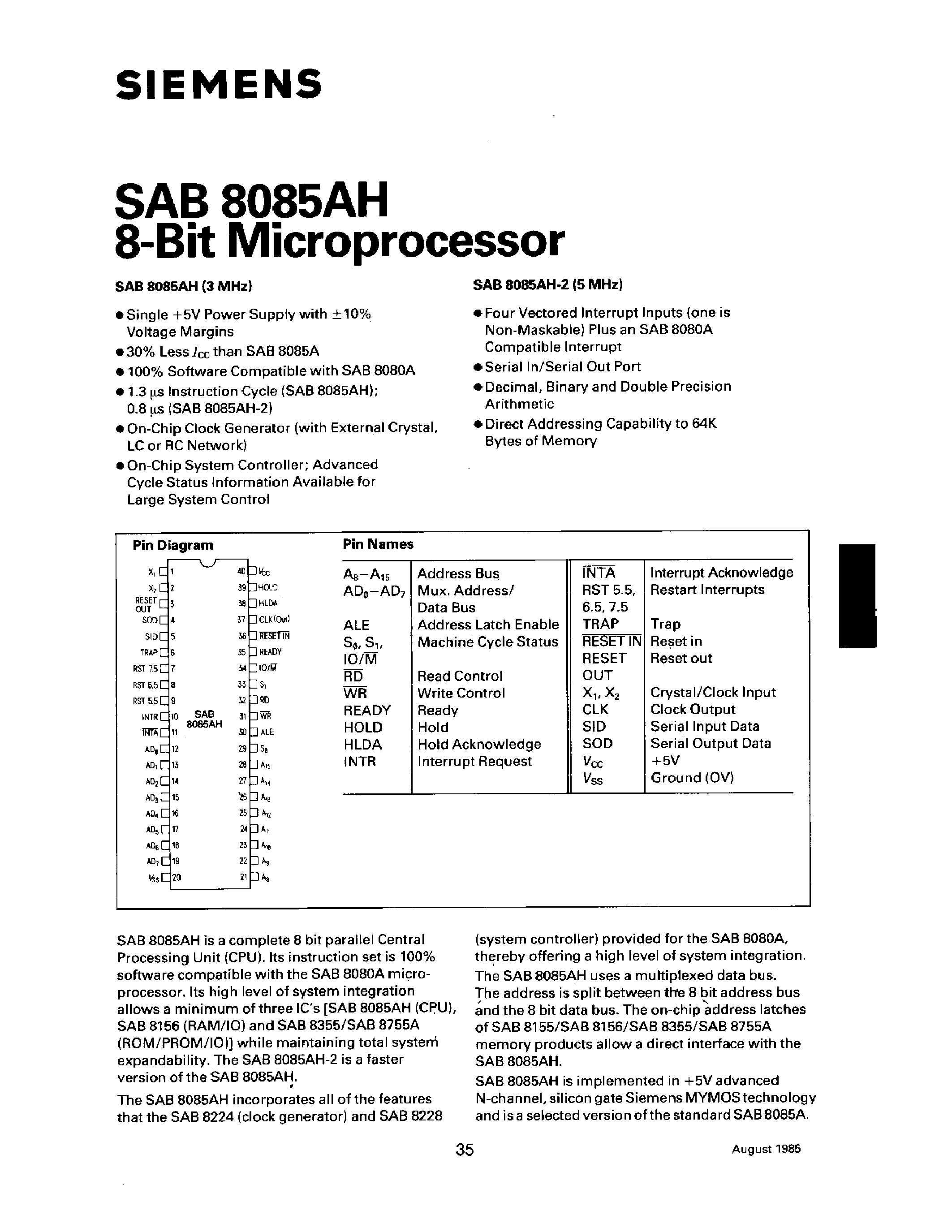 Даташит на микросхему SAB8085AH страница 1 Даташит SAB8085AH - 8-Bit Microprocessor страница 1