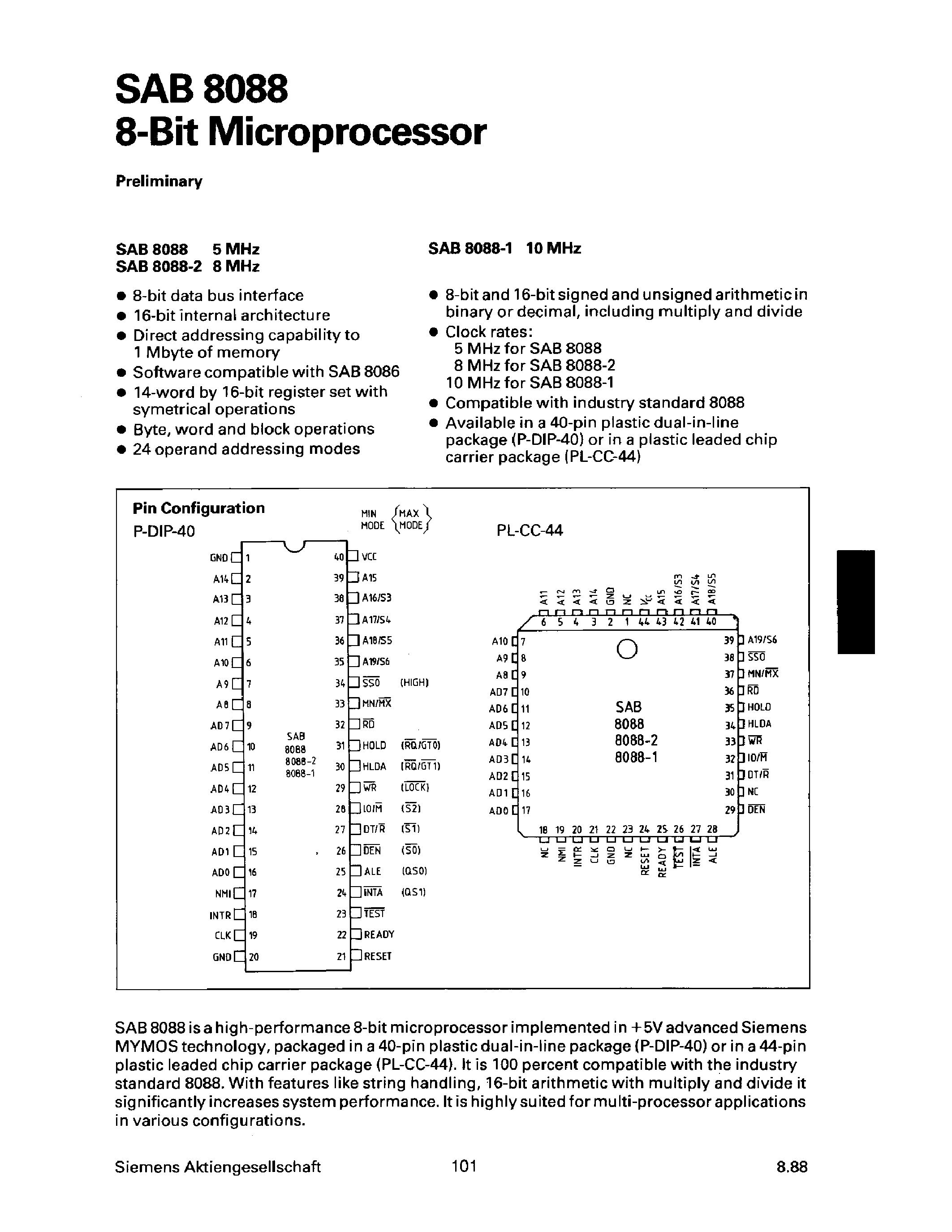 Даташит SAB8088-P - 8-Bit Microprocessing страница 1