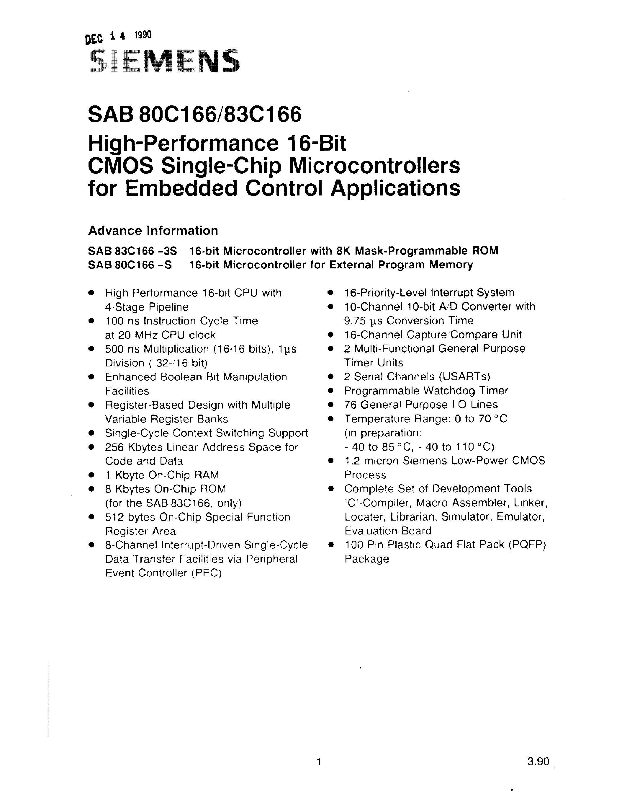Datasheet SAB80C166-S - HIGH-PERFORMANCE 16-BIT CMOS SINGLE-CHIP MICROCONTROLLERS FOR EMBEDDED CONTROL APPLICATIONS page 2