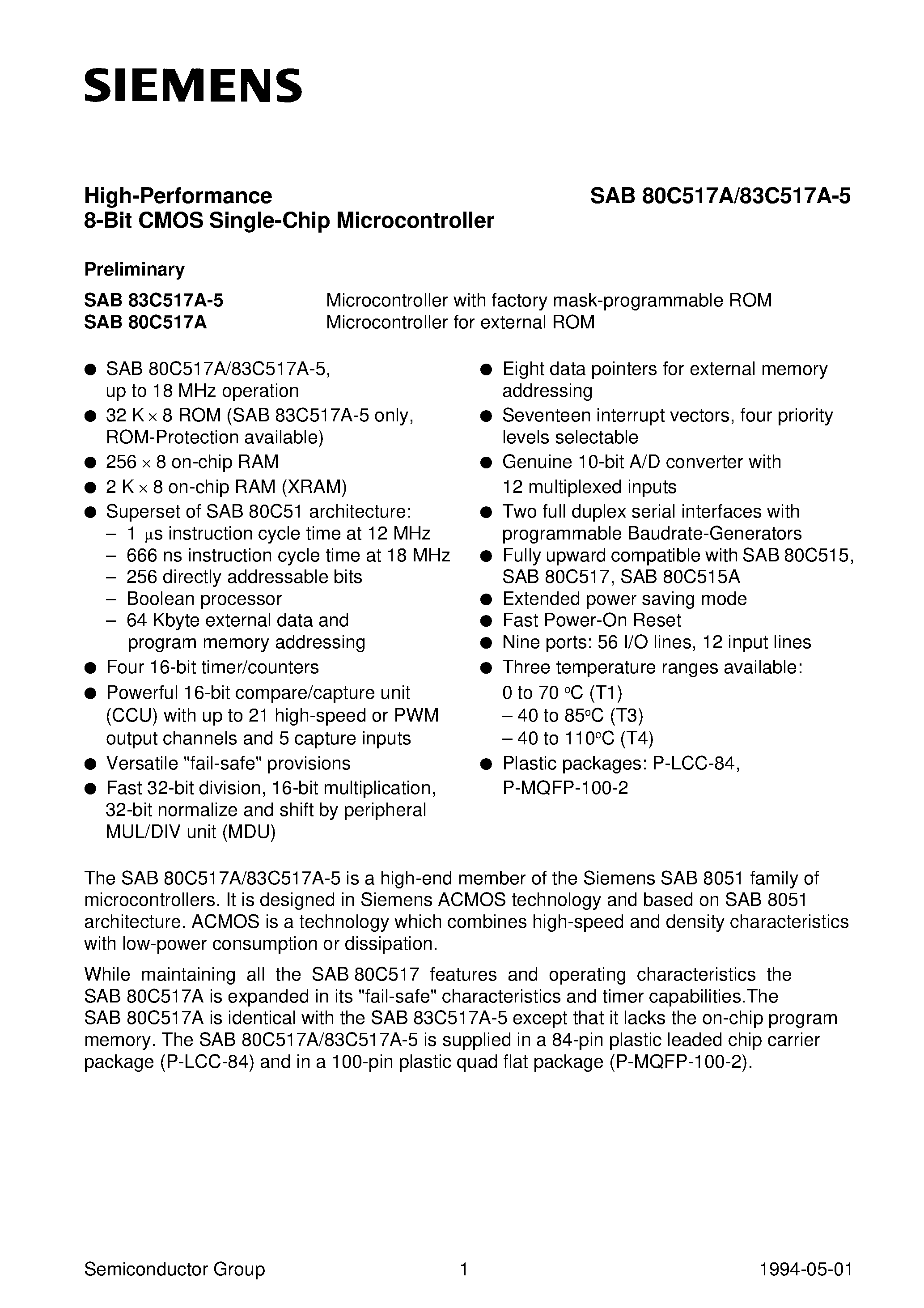 Даташит SAB80C517A-N18 - 8-Bit CMOS Single-Chip Microcontroller страница 2