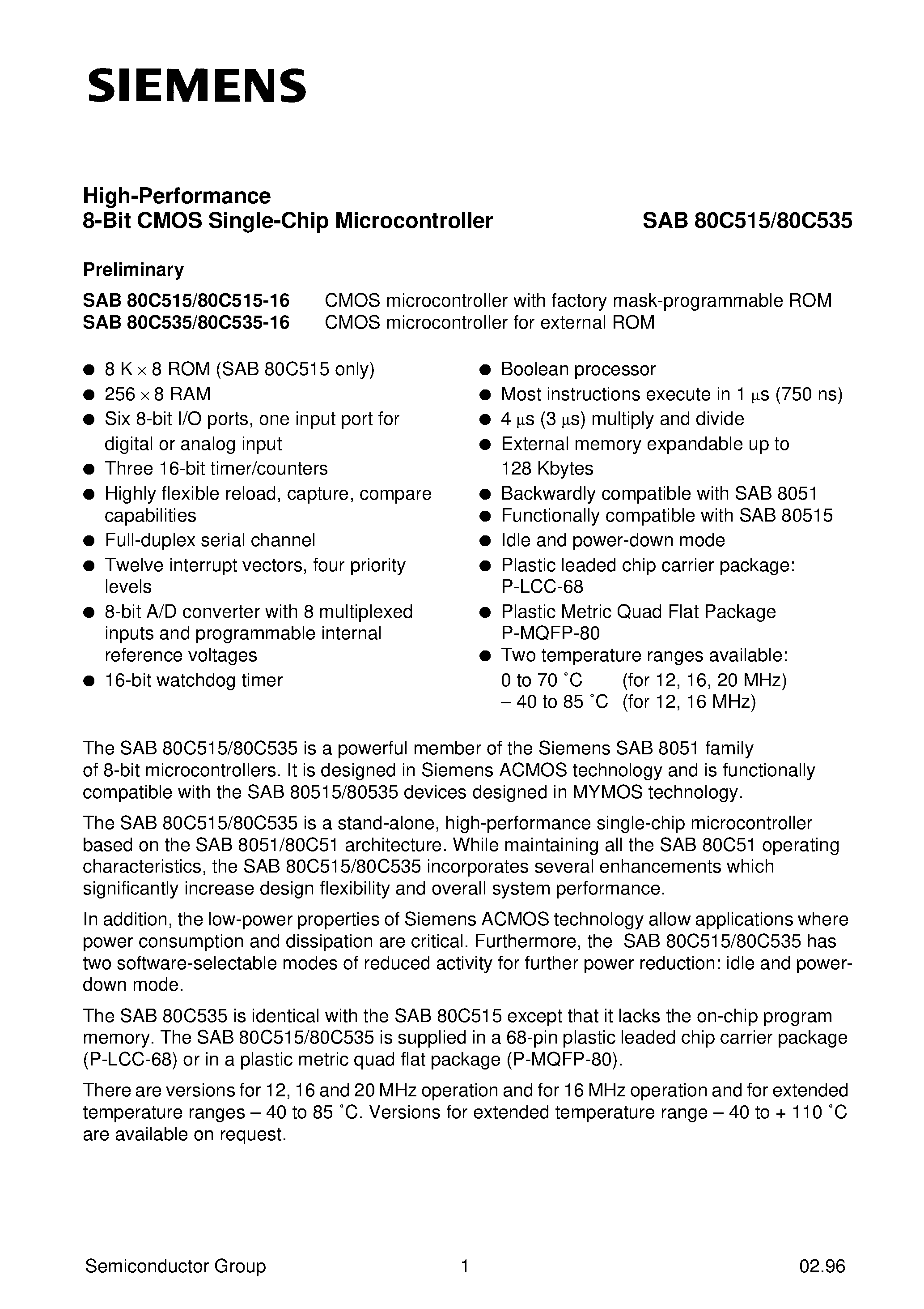 Datasheet SAB80C535-20-N page 2 Datasheet SAB80C535-20-N - 8-Bit CMOS Single-Chip Microcontroller page 2