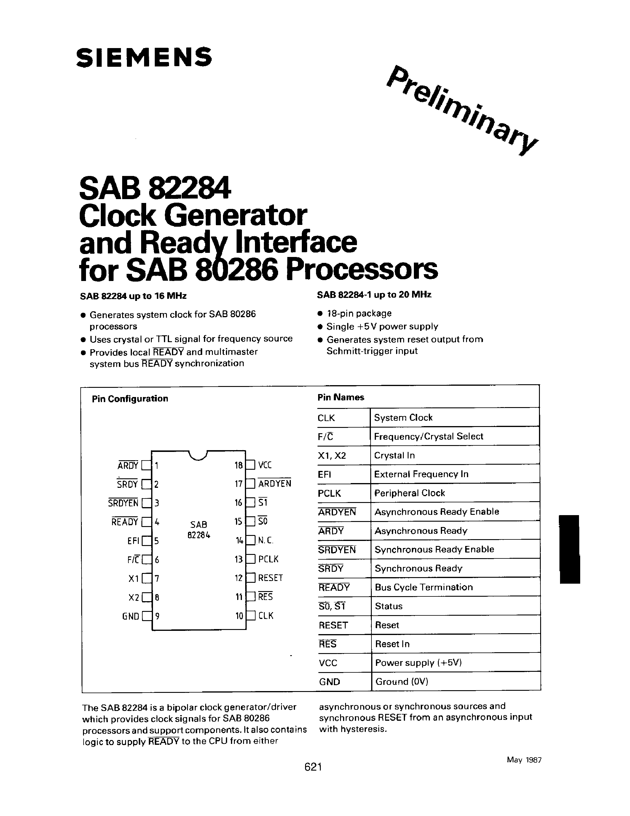Даташит SAB82284-1-P - clock generator and ready interface for sab 80286 processors страница 1