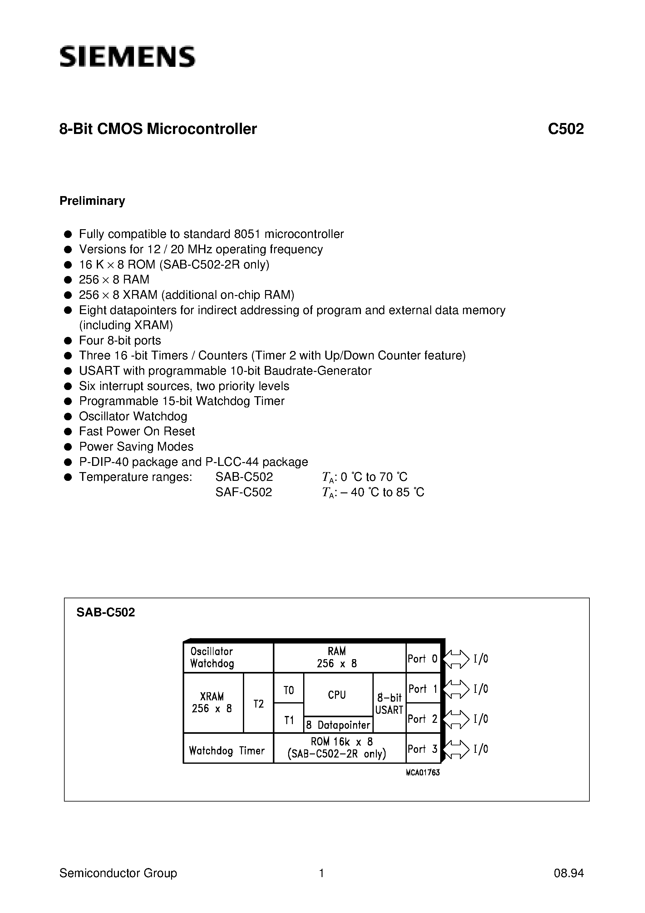 Даташит на микросхему SAF-C502-LP страница 2 Даташит SAF-C502-LP - 8-Bit CMOS Microcontroller страница 2