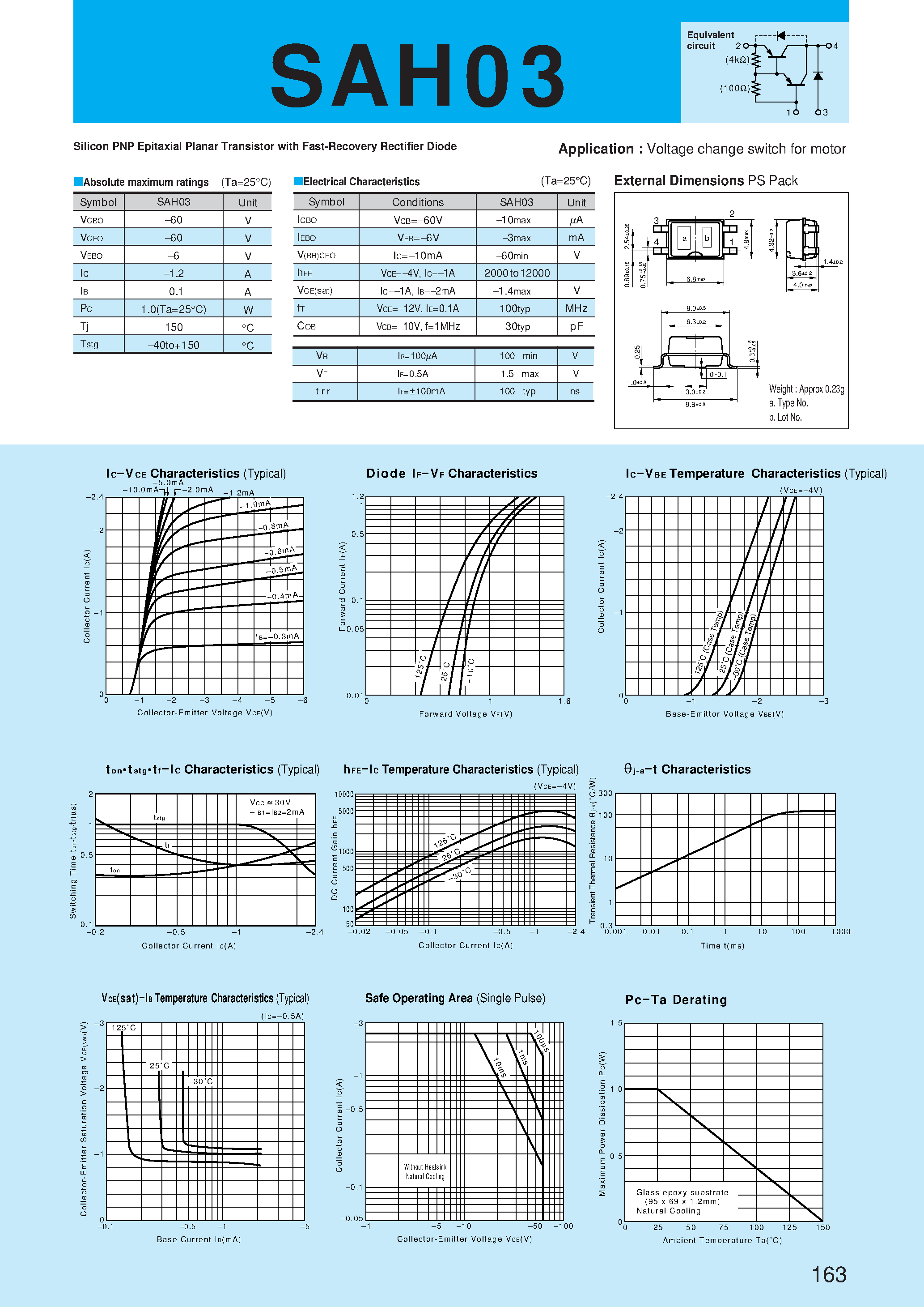Datasheet SAH03 page 1 Datasheet SAH03 - Silicon PNP Epitaxial Planar Transistor with Fast-Recovery Rectifier Diode(Voltage change switch for motor) page 1