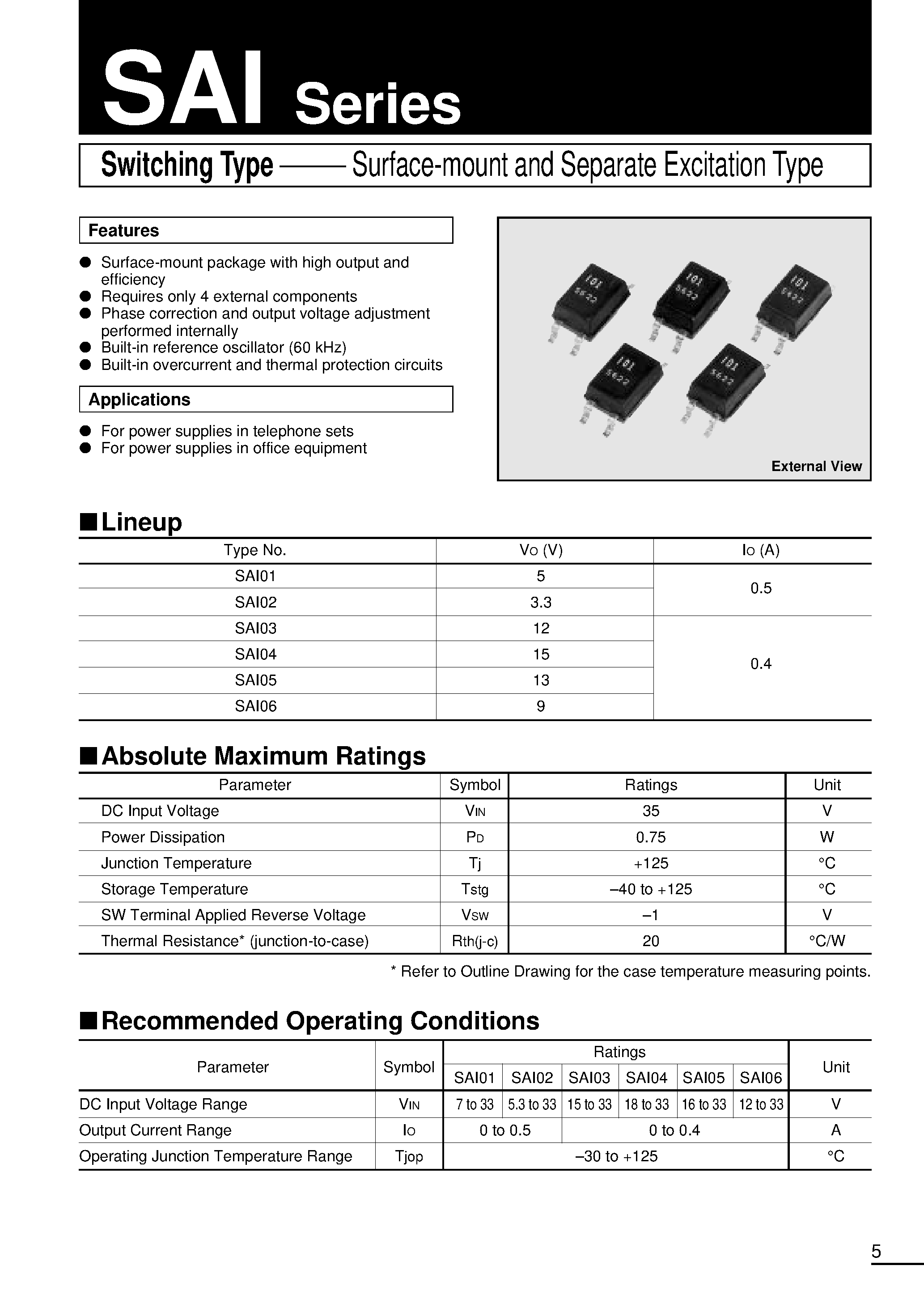 Datasheet SAI01-1 page 1 Datasheet SAI01-1 - Surface-mount and Separate Excitation Type page 1