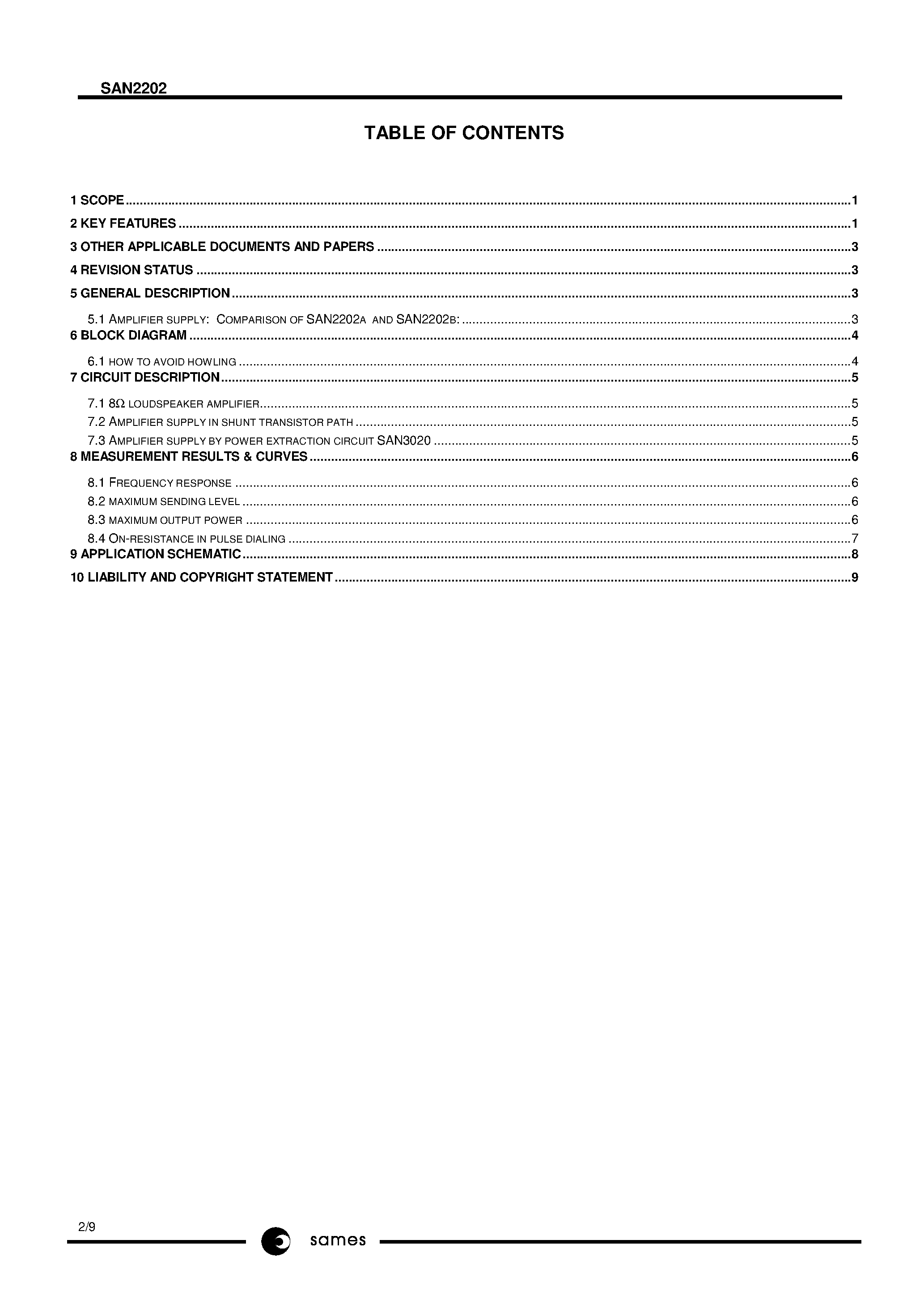 Даташит SAN2202 - SINGLE CHIP SPEAKERPHONE WITH 8 - OHM LOUDSPEAKER AMPLIFIER страница 2