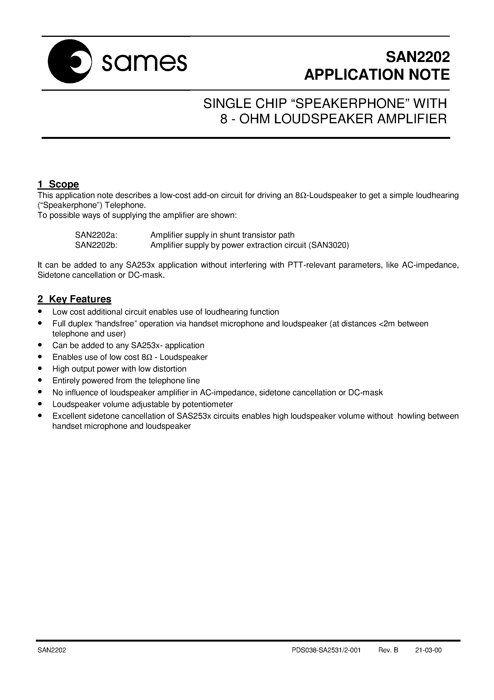 Даташит SAN2202a - SINGLE CHIP SPEAKERPHONE WITH 8 - OHM LOUDSPEAKER AMPLIFIER страница 1