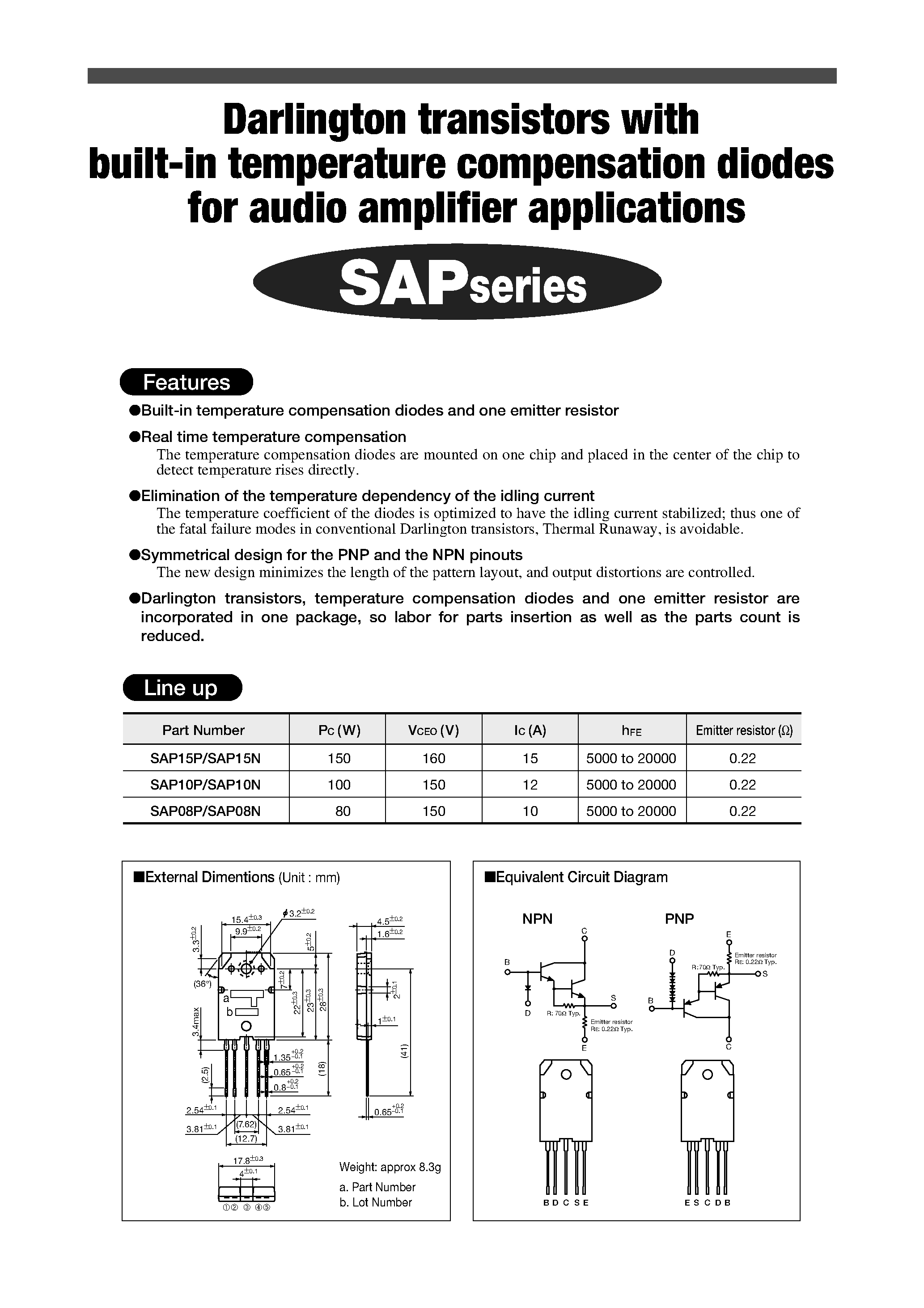 Datasheet SAP08P - Darlington transistors with built-in temperature compensation diodes for audio amplifier applications page 1