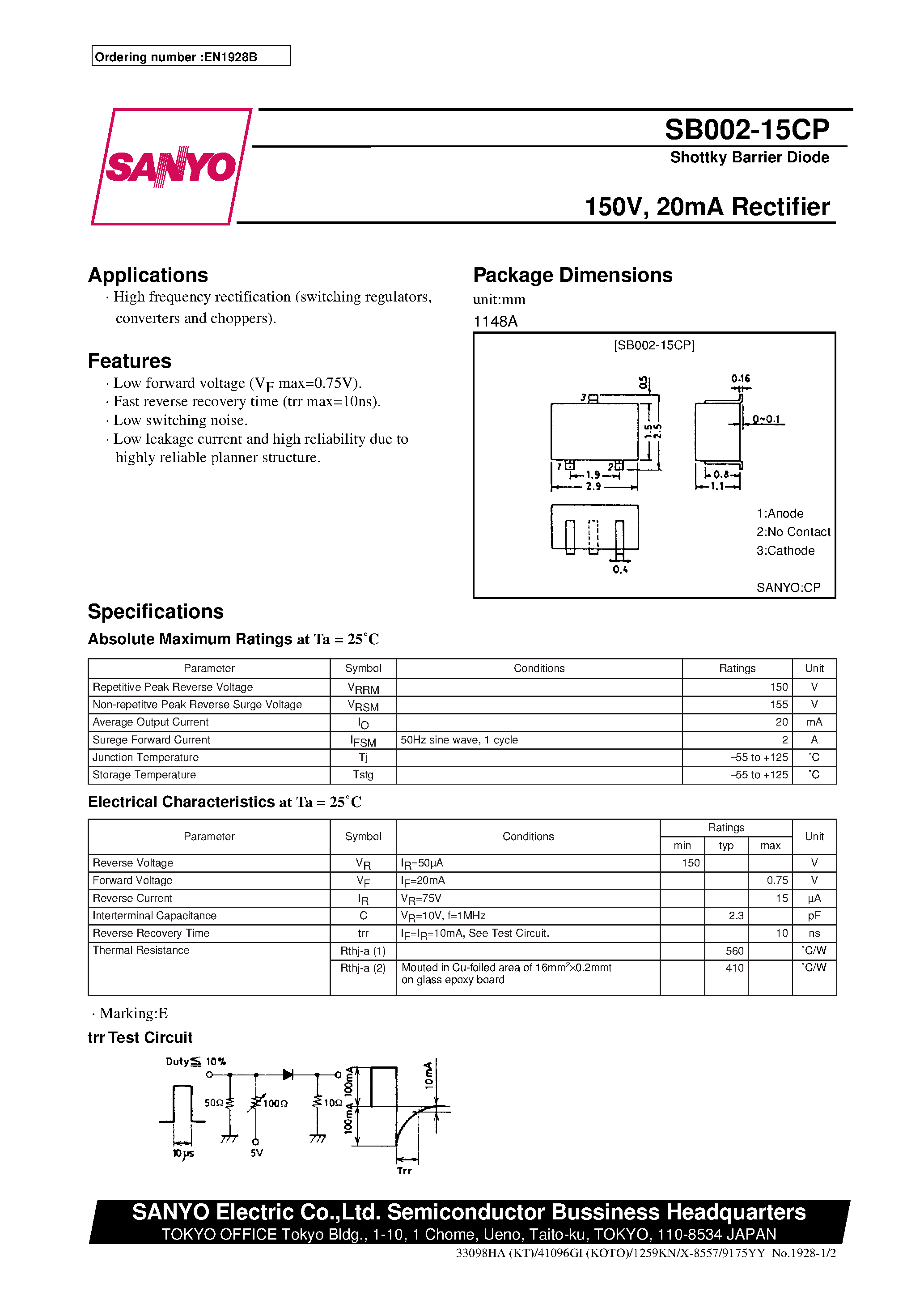 Datasheet SB002-15CP page 1 Datasheet SB002-15CP - 150V/ 20mA Rectifier page 1