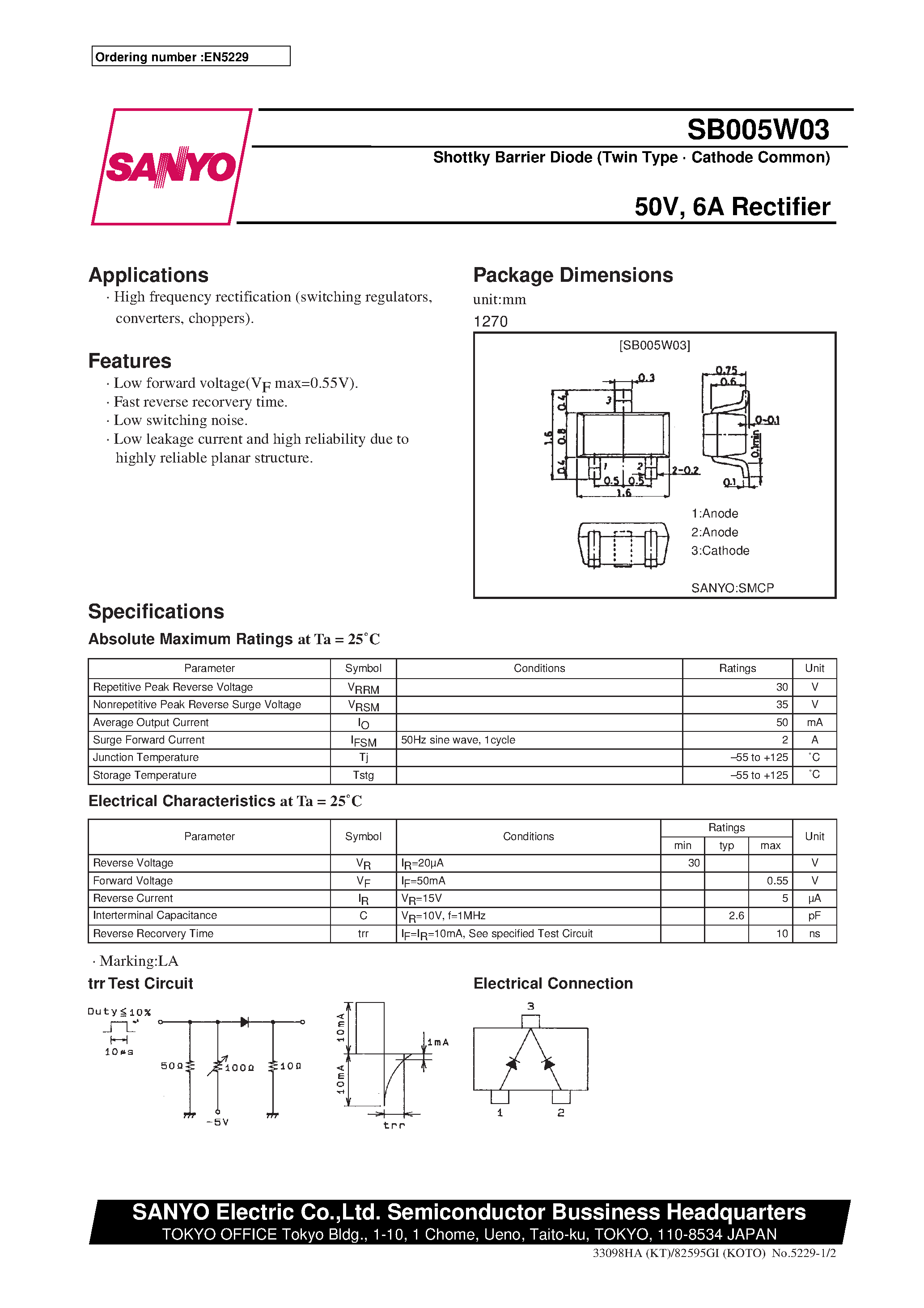 Datasheet SB005W03 page 1 Datasheet SB005W03 - 50V/ 6A Rectifier page 1