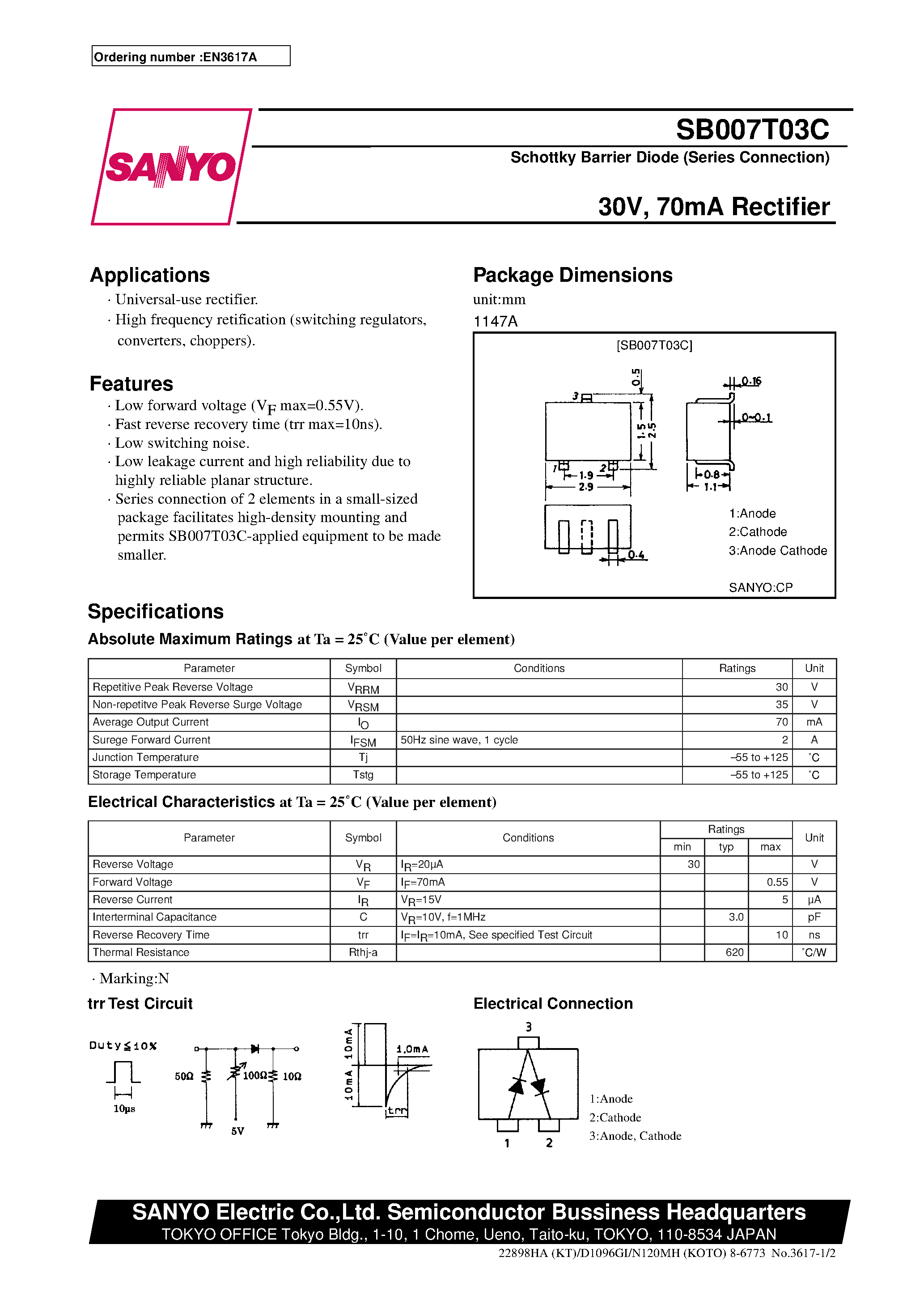 Datasheet SB007T03C page 1 Datasheet SB007T03C - 30V/ 70mA Rectifier page 1