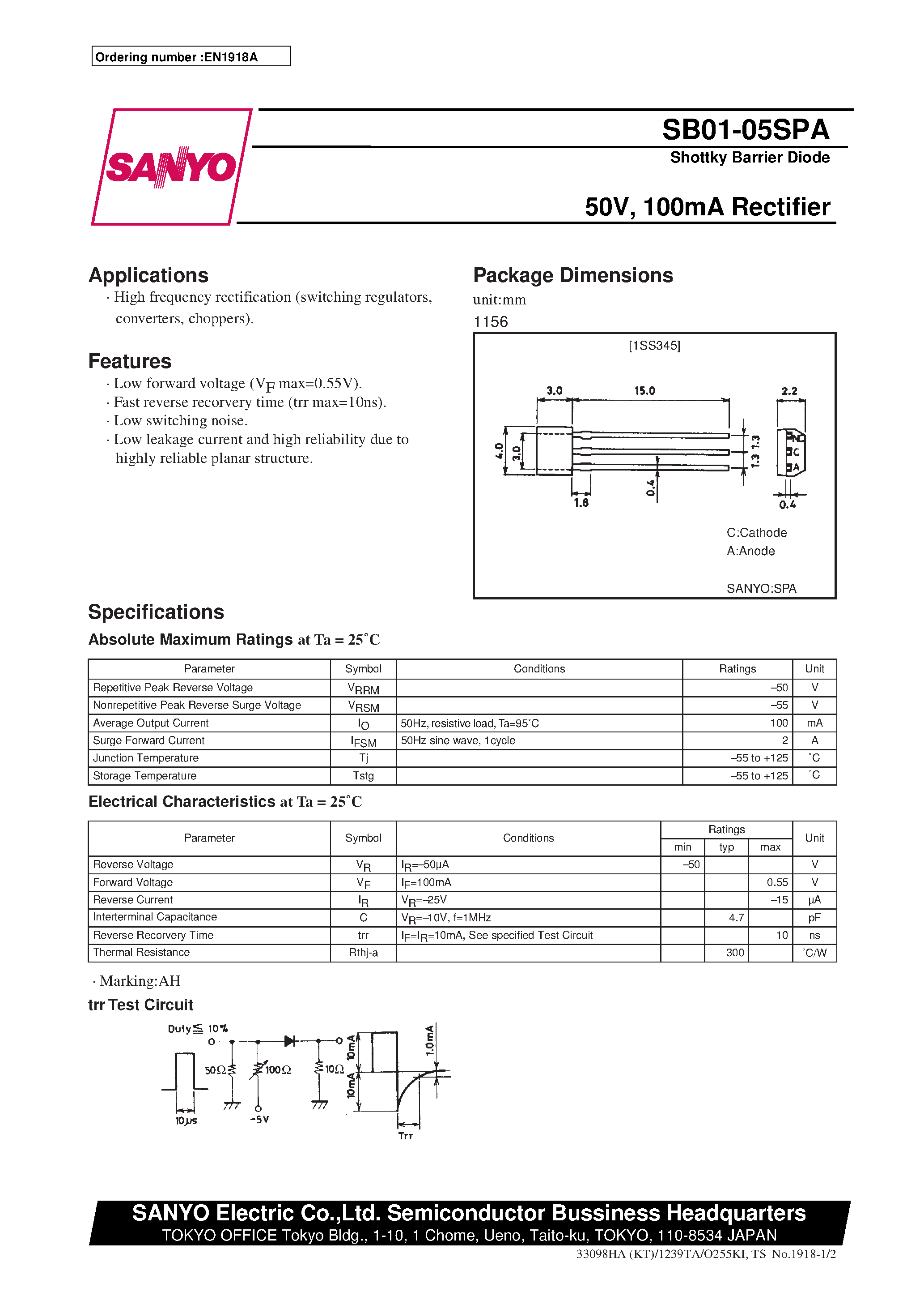Datasheet SB01-05SPA - 50V/ 100mA Rectifier page 1