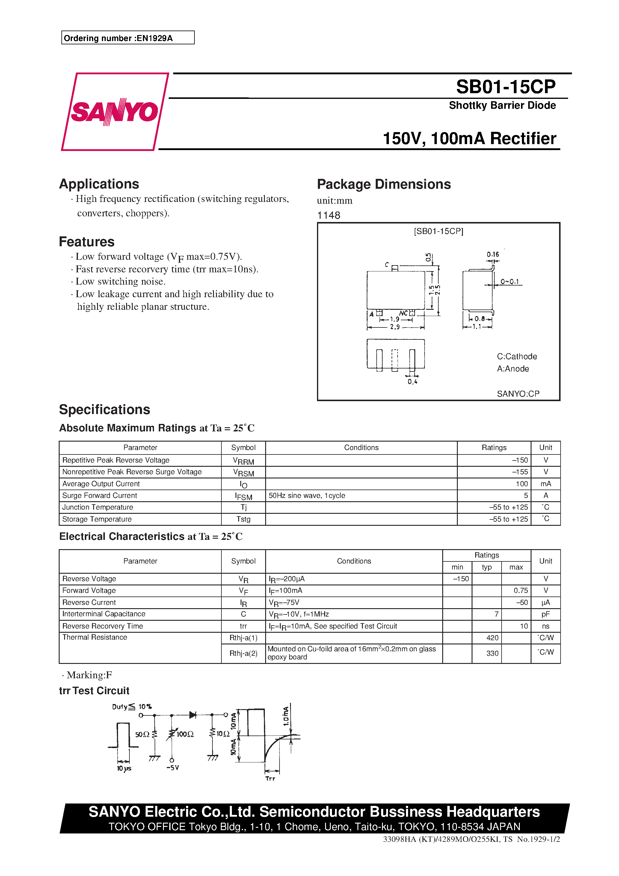 Datasheet SB01-15CP page 1 Datasheet SB01-15CP - 150V/ 100mA Rectifier page 1