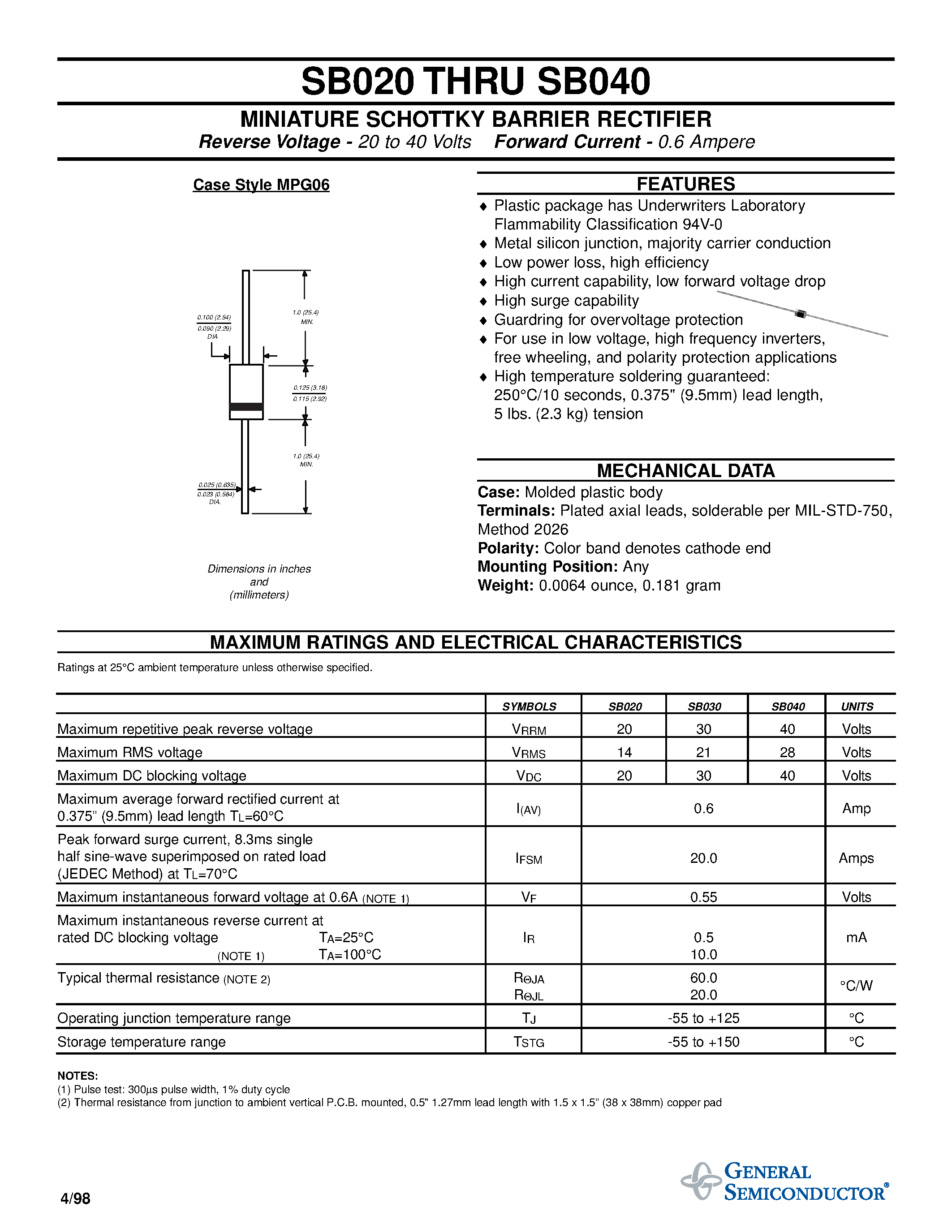 Datasheet SB020 page 1 Datasheet SB020 - MINIATURE SCHOTTKY BARRIER RECTIFIER page 1