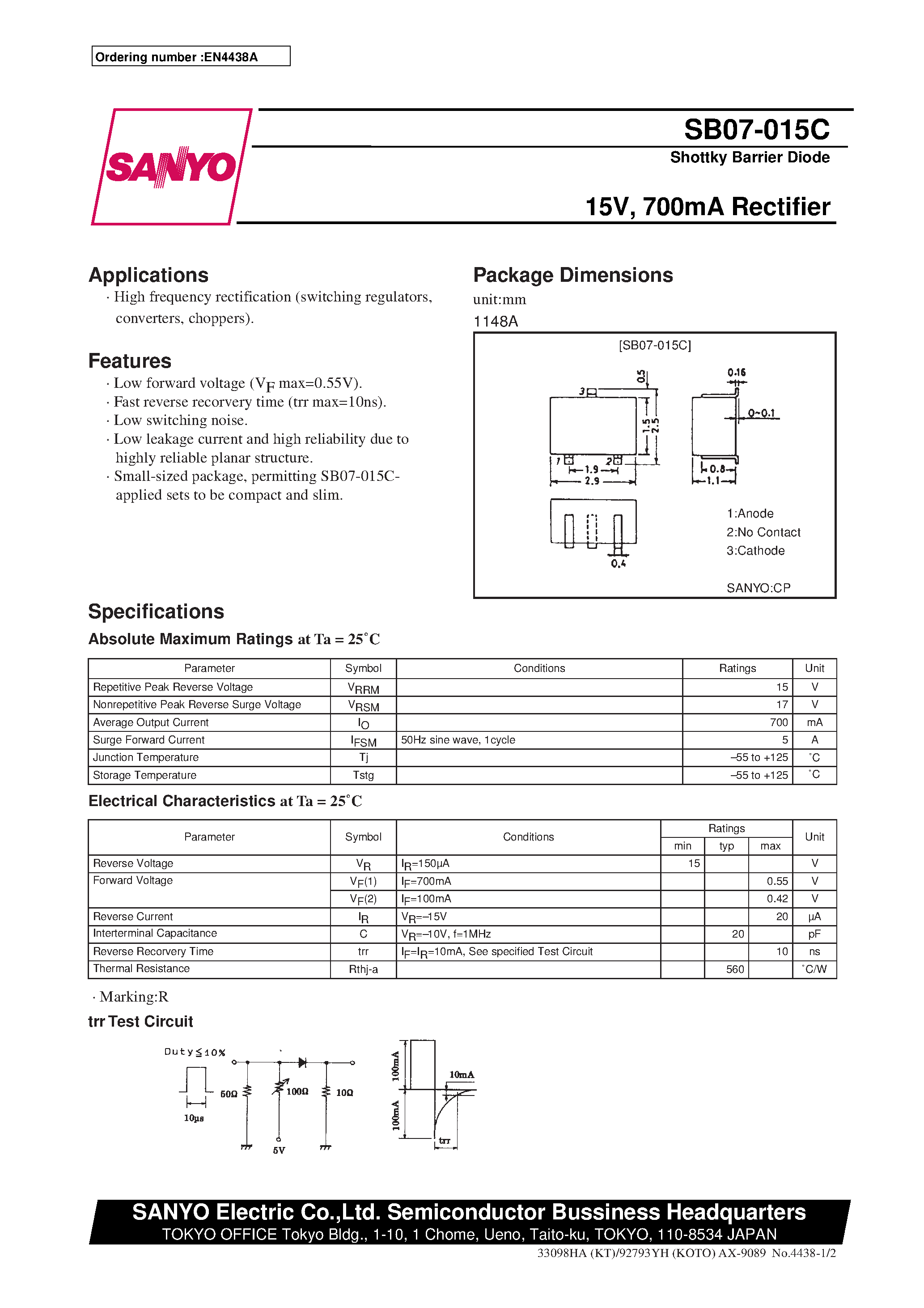Datasheet SB07-015C page 1 Datasheet SB07-015C - 15V/ 700mA Rectifier page 1