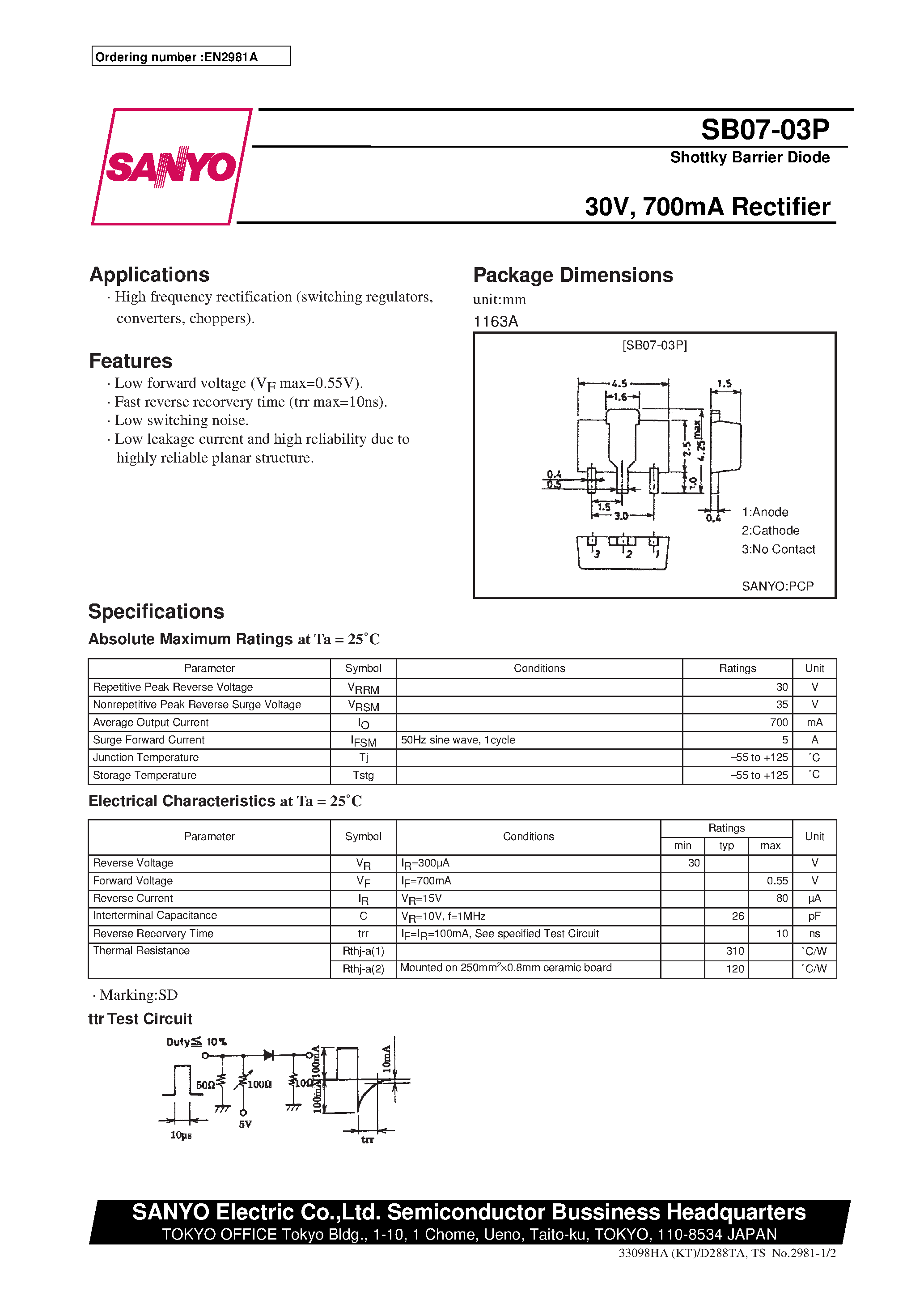 Datasheet SB07-03 - 30V/ 700mA Rectifier page 1
