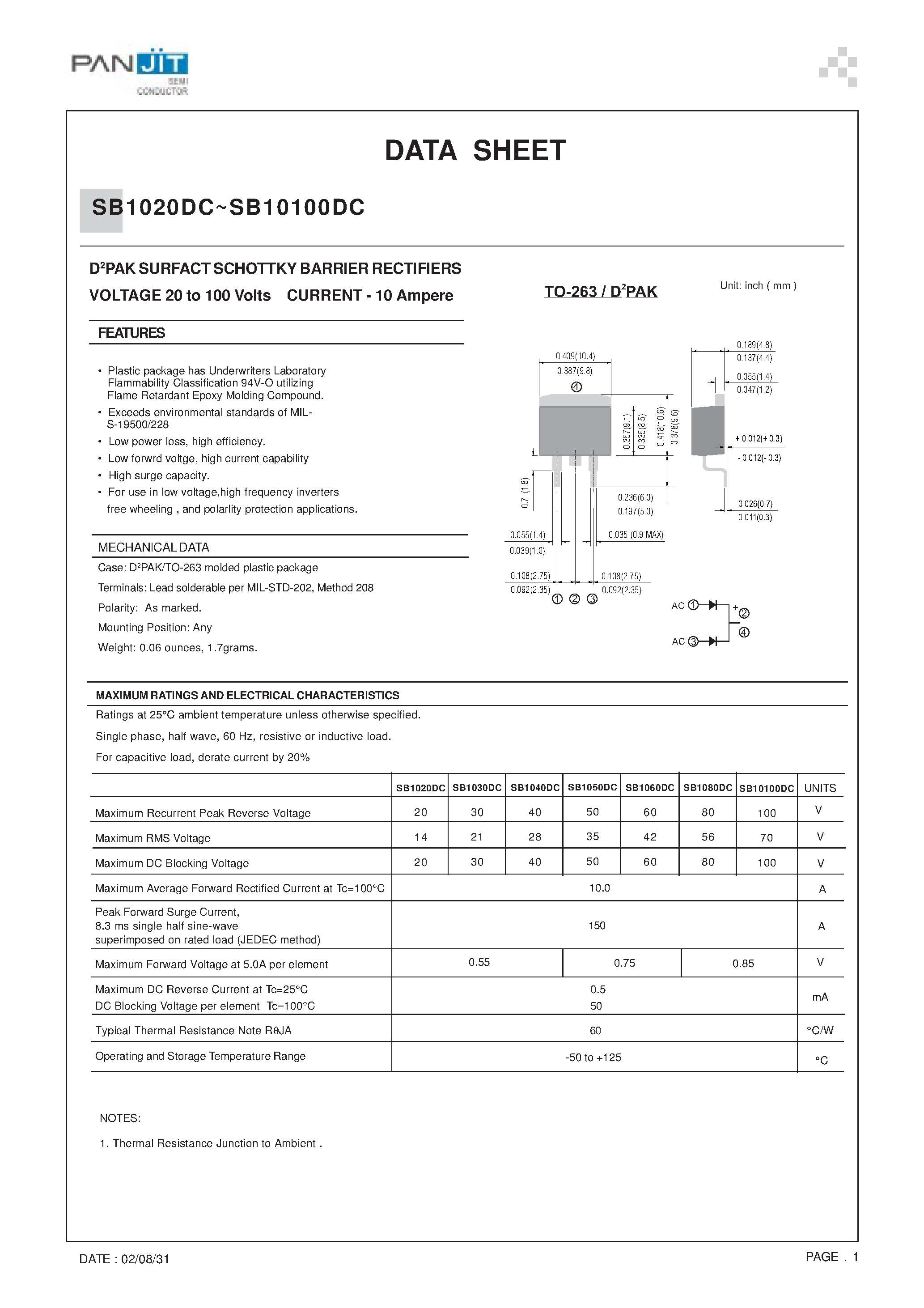 Datasheet SB10100DC page 1 Datasheet SB10100DC - D2PAK SURFACT SCHOTTKY BARRIER RECTIFIERS(VOLTAGE 20 to 100 Volts CURRENT - 10 Ampere) page 1
