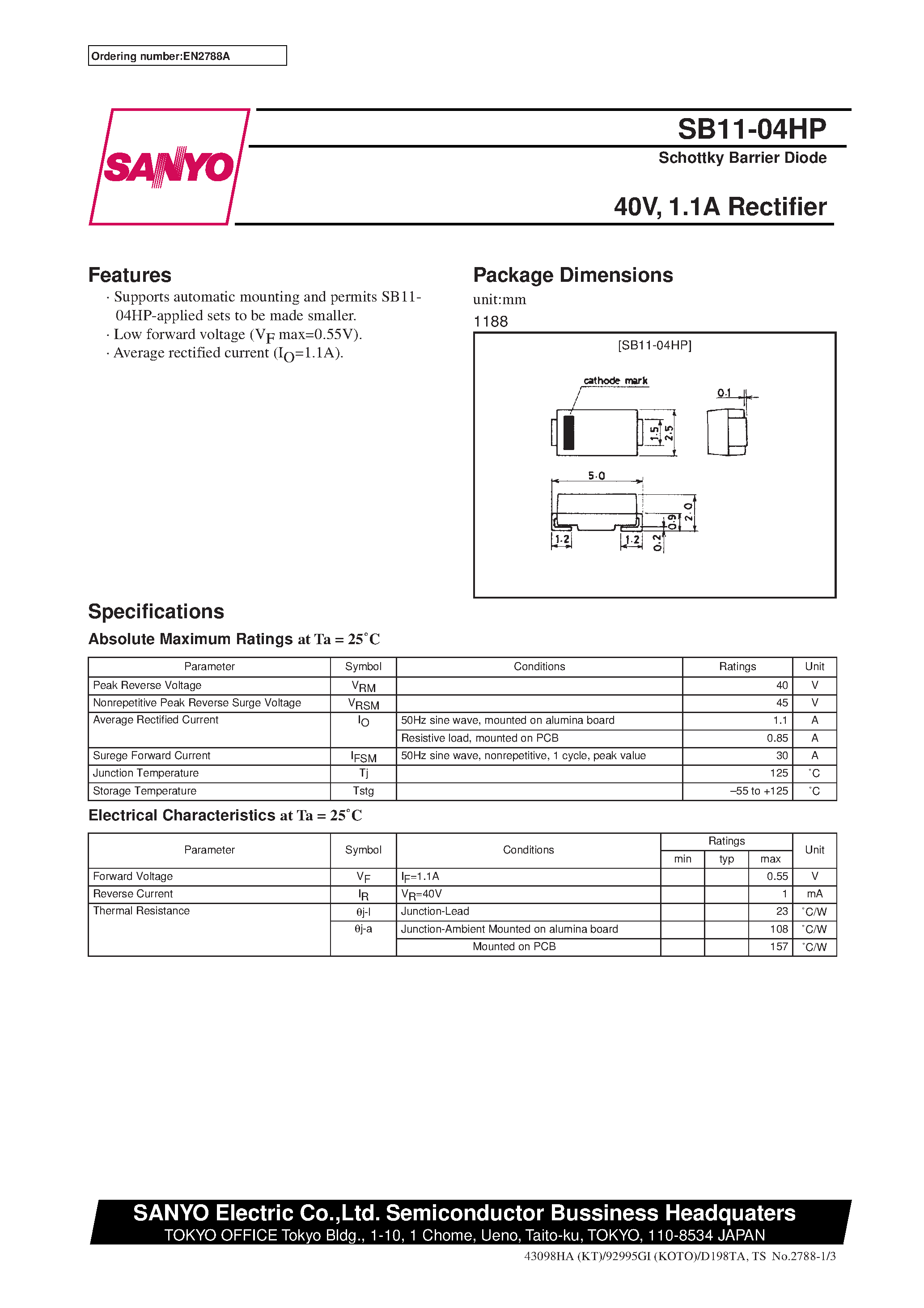 Datasheet SB11-04HP - 40V/ 1.1A Rectifier page 1